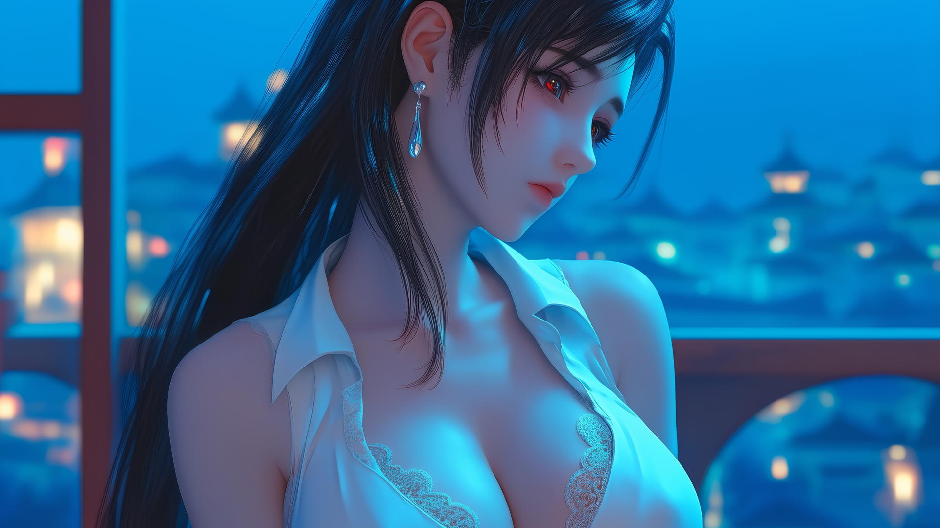 Tifa Lockhart in a white office shirt with neon light, gazing intensely.