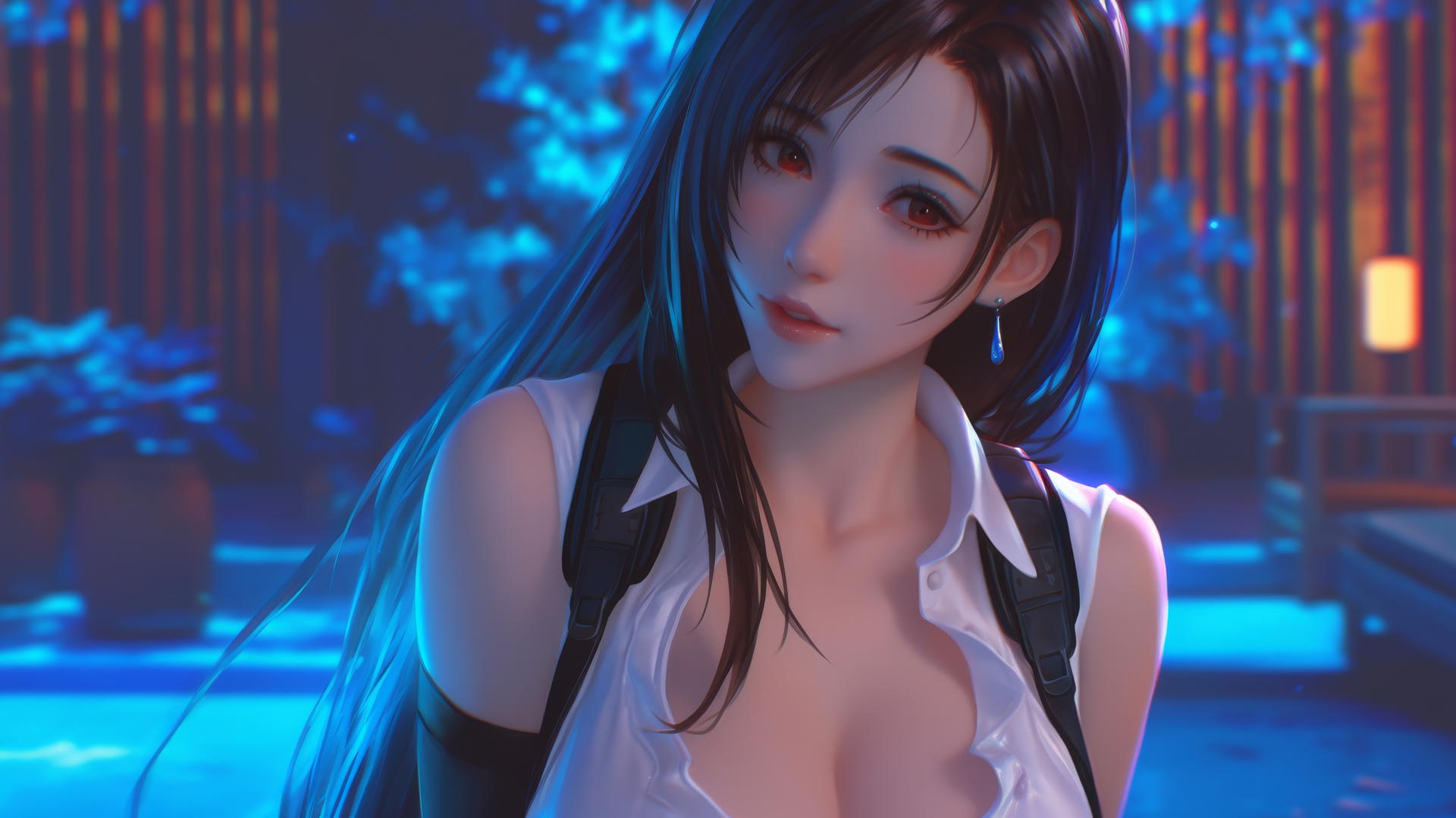 Tifa Lockhart looking down, in a white office shirt, neon-lit modern hotel room.