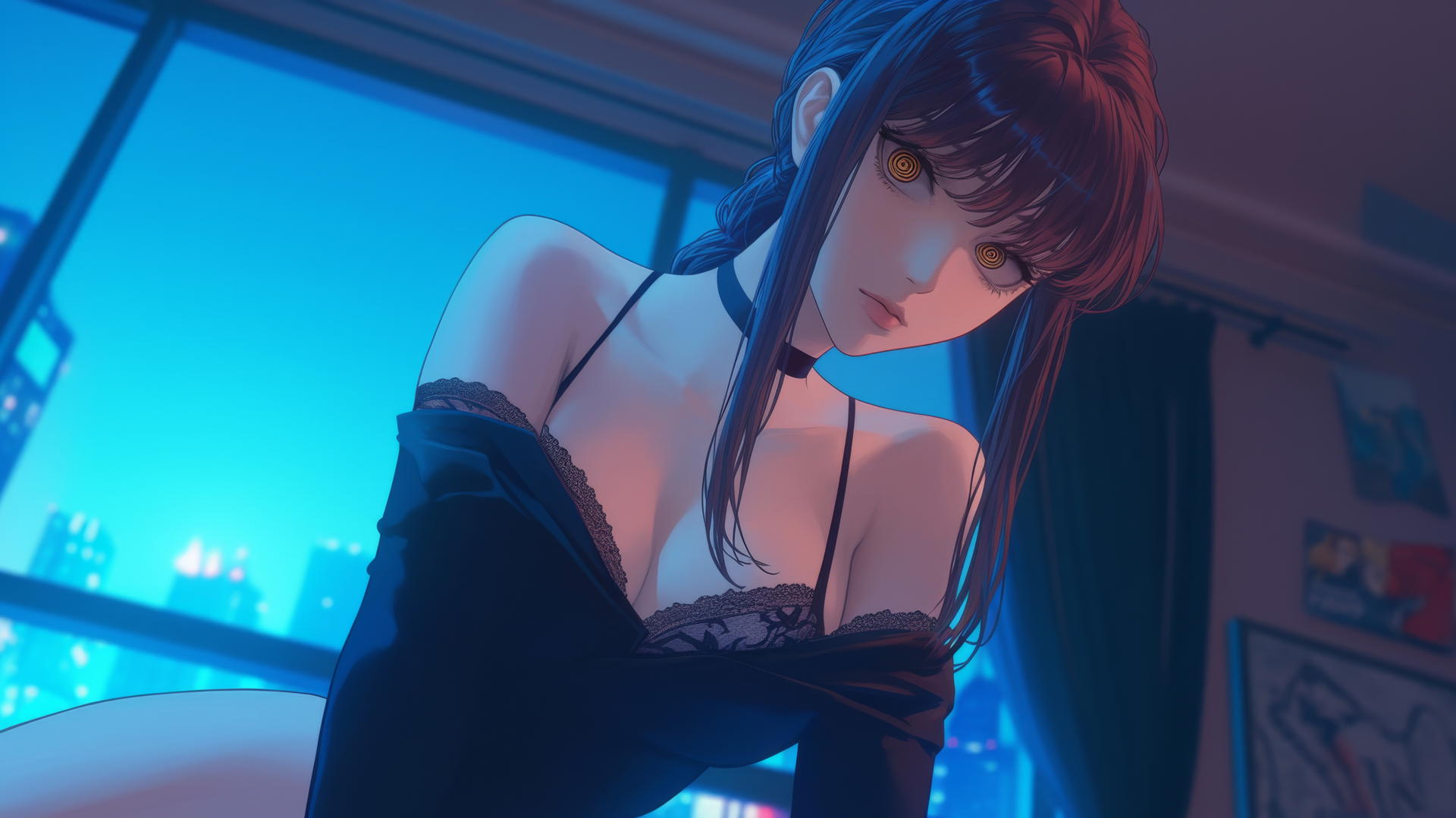 Makima from Chainsaw Man kneeling, neon-lit hotel room.
