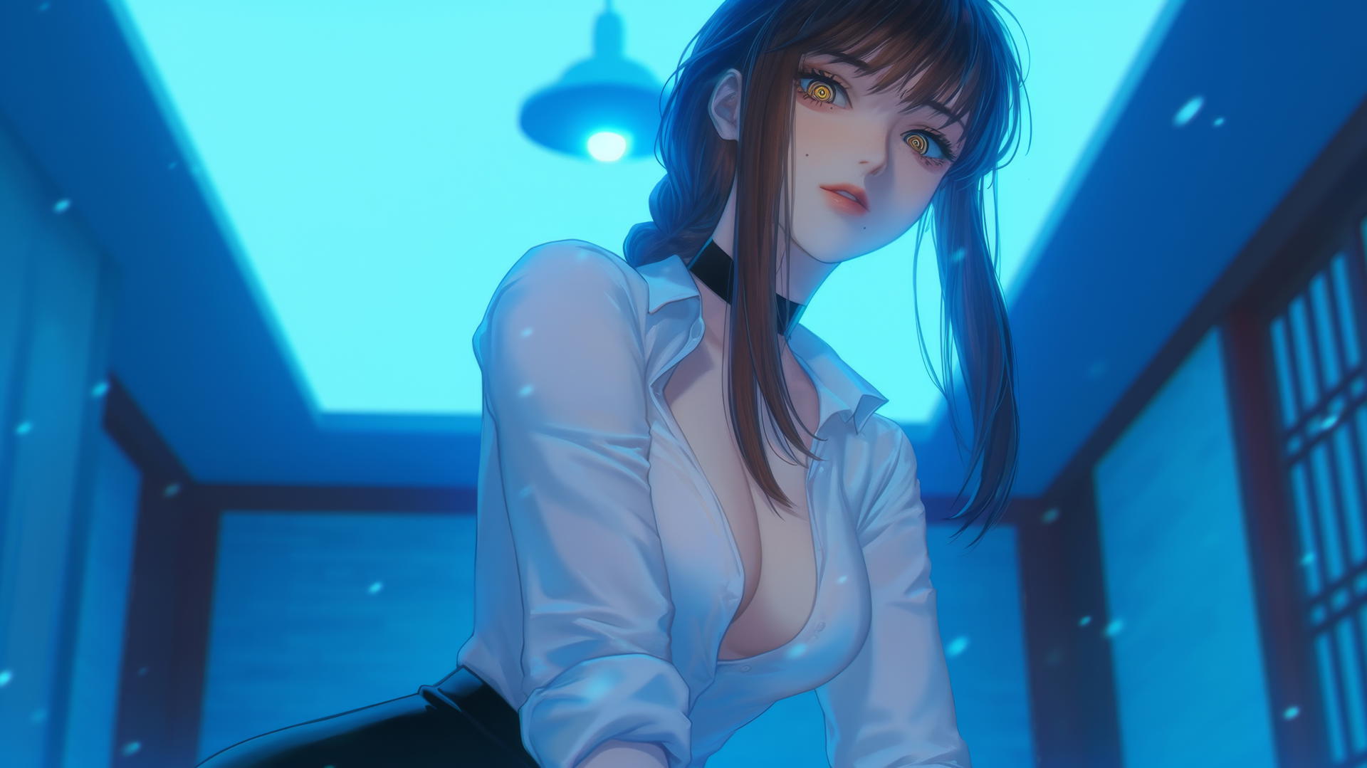 Makima from Chainsaw Man kneeling, looking down, neon-lit hotel room