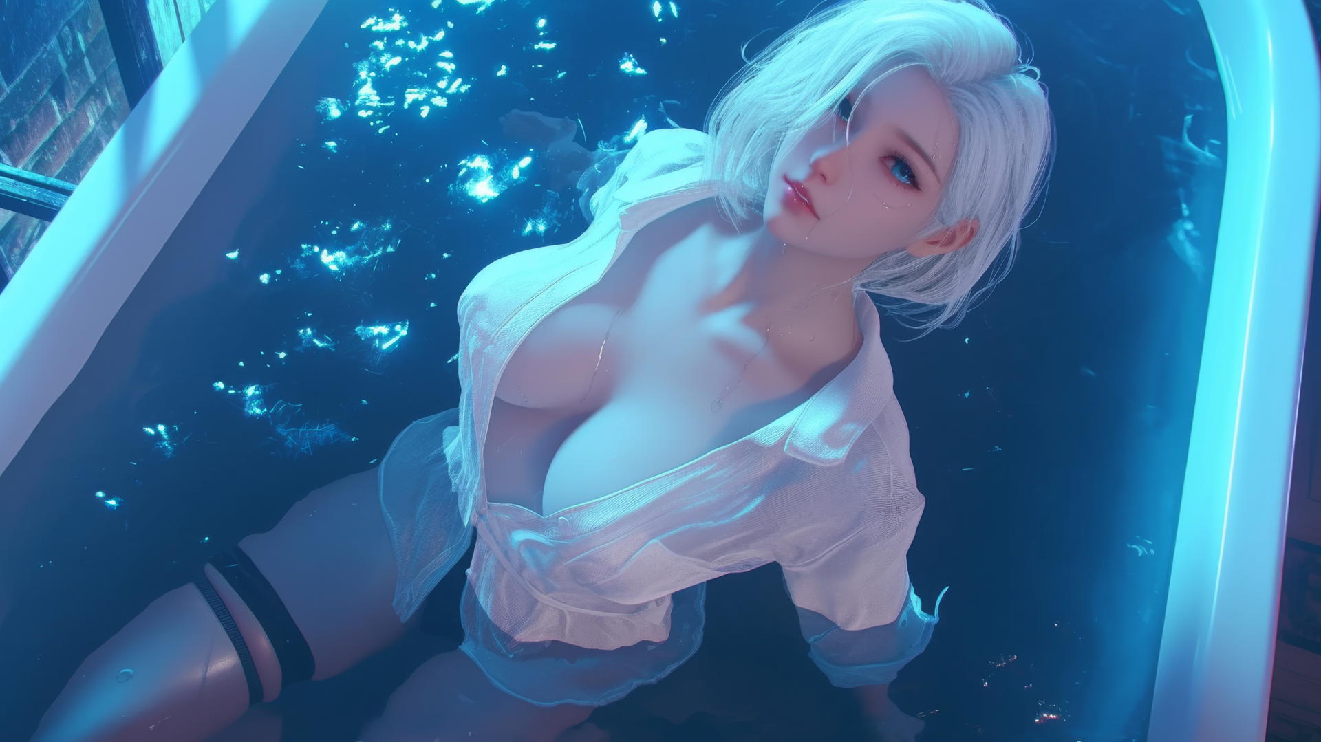 2B from Nier in white office shirt, looking up, neon glow in hotel room