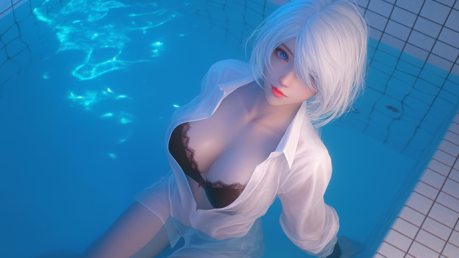 2B from Nier looking up, wearing white office shirt, neon-lit modern hotel room and tub.
