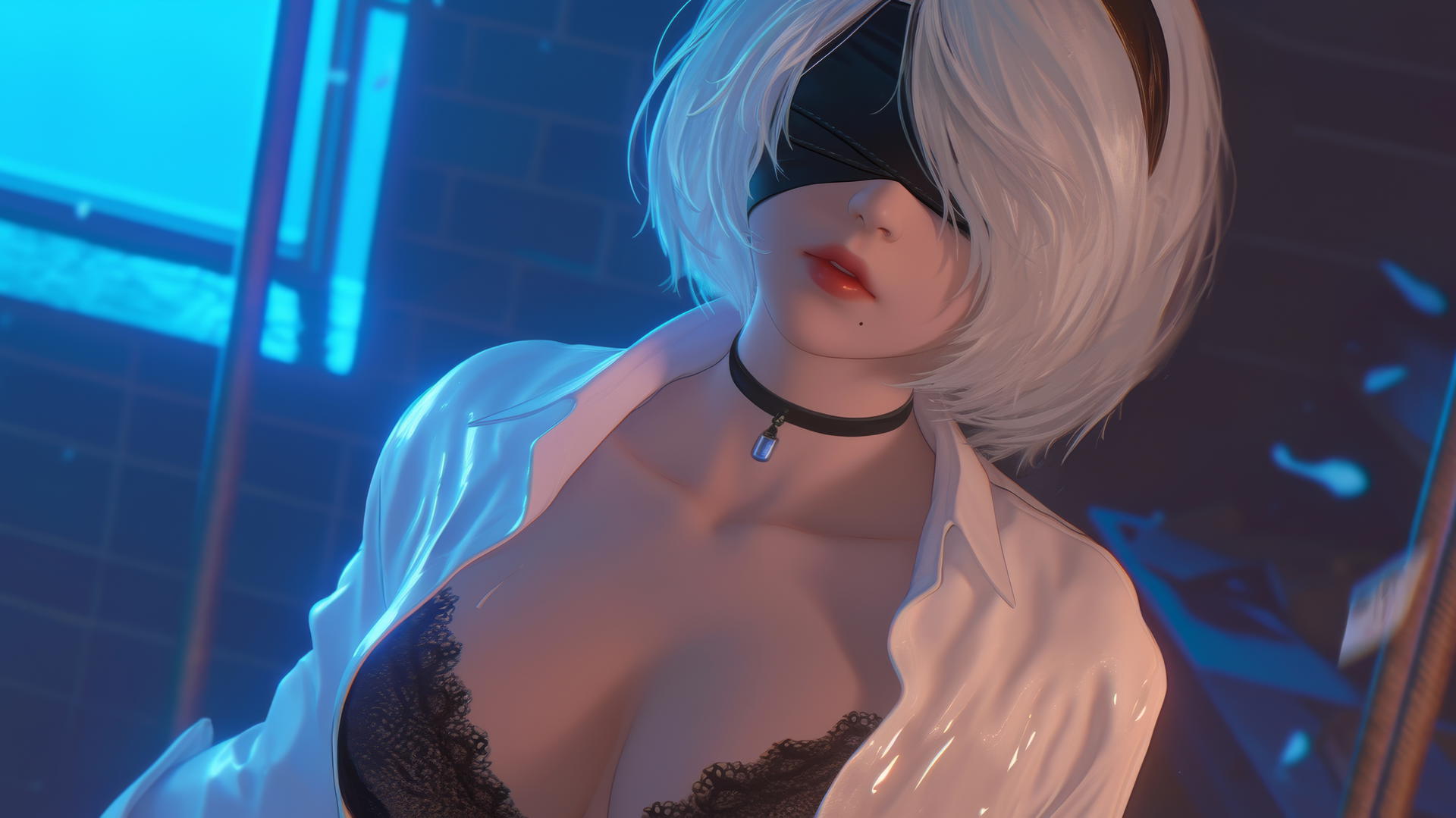 2B from Nier looking up, in white shirt and black blindfold, under neon light.
