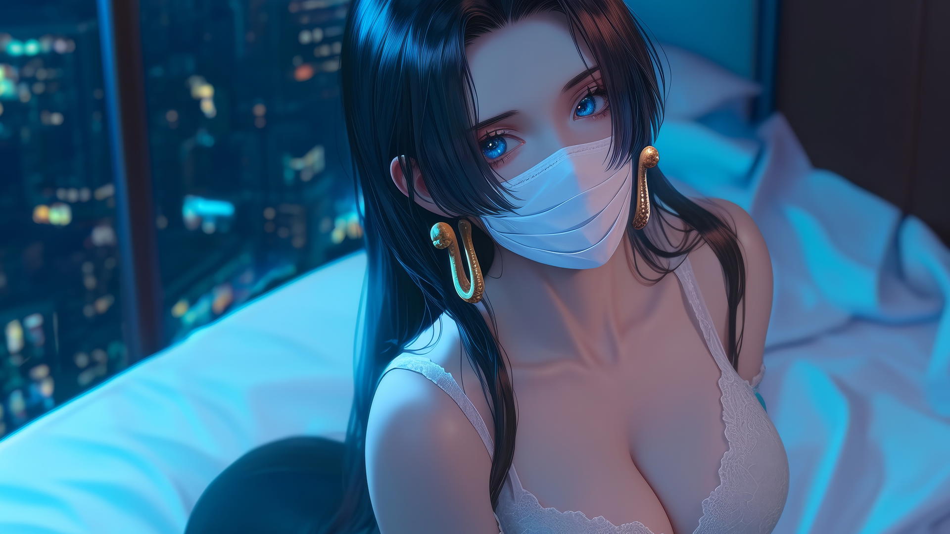 Boa Hancock from One Piece kneeling with an eye mask in neon-lit hotel room