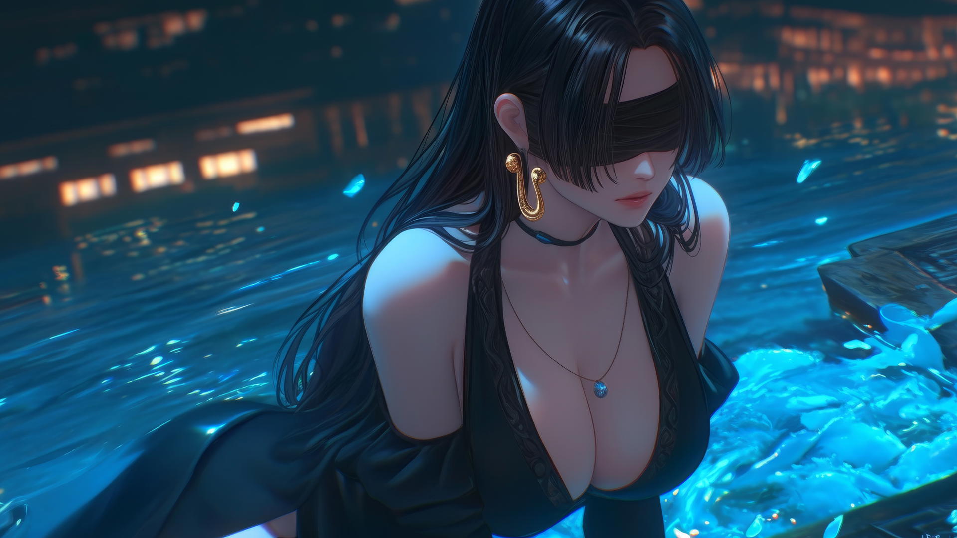 Boa Hancock kneeling blindfolded in neon-lit modern hotel room.