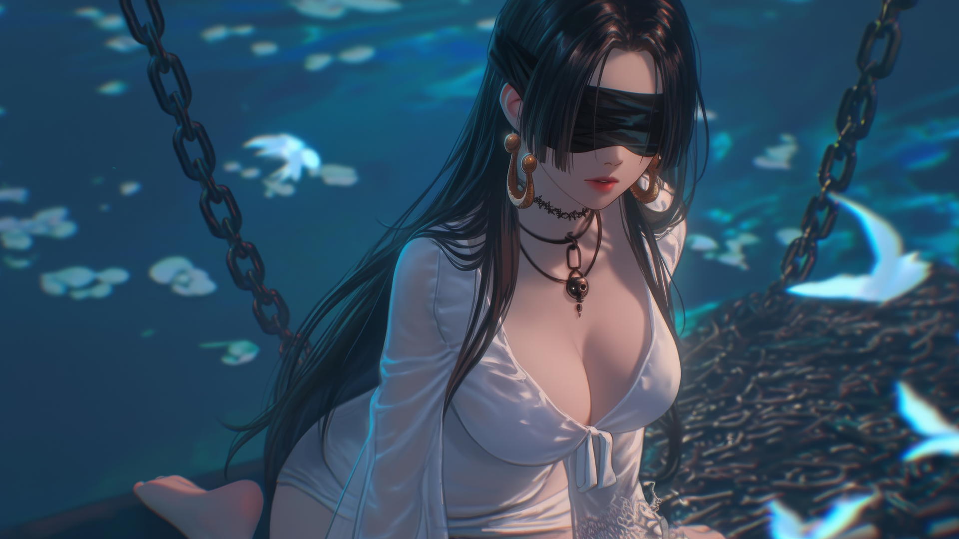 Boa Hancock blindfolded with chains, kneeling in neon-lit hotel room
