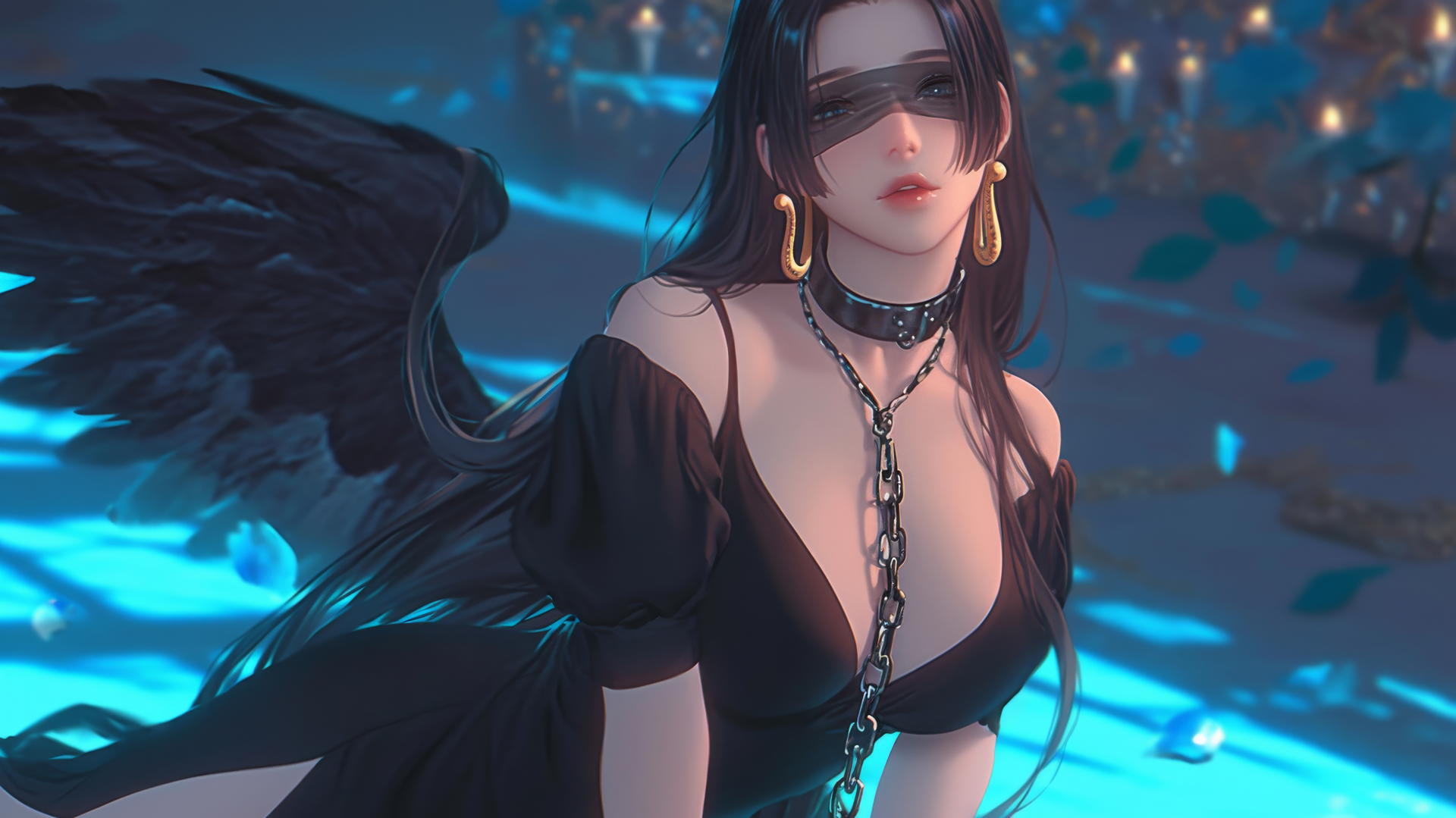 Boa Hancock kneeling with a blindfold and chains in neon-lit modern hotel room