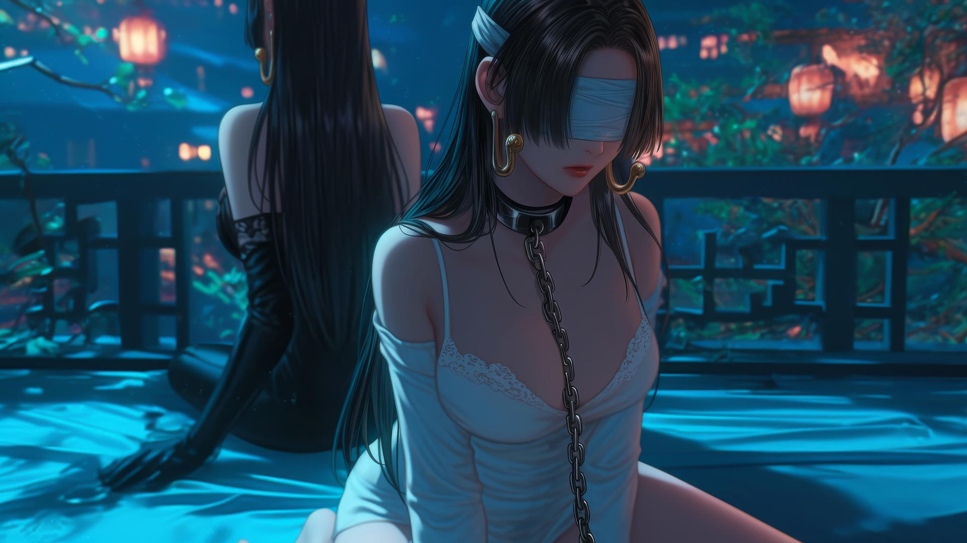 Boa Hancock kneeling in a neon-lit modern hotel room, wearing an all-white outfit and blindfold.