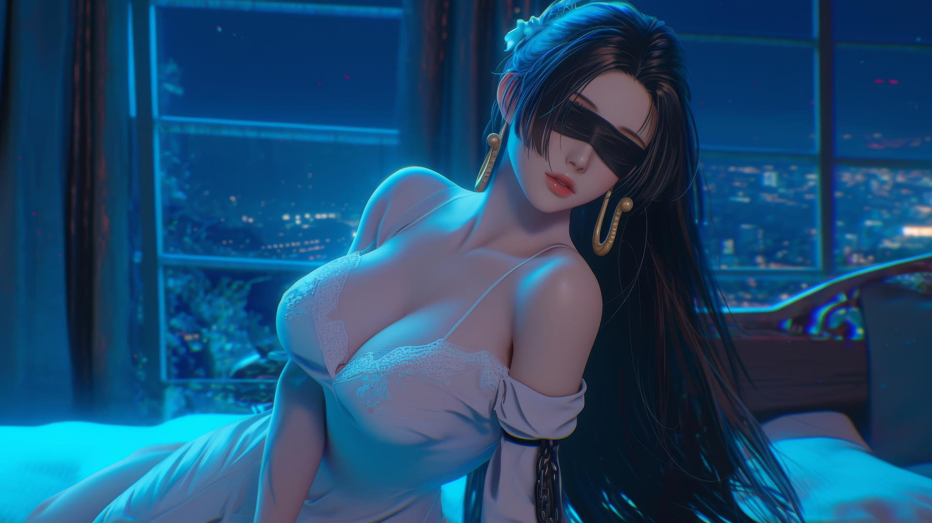 Boa Hancock kneeling in a softly lit modern hotel room, blindfolded and wearing white.