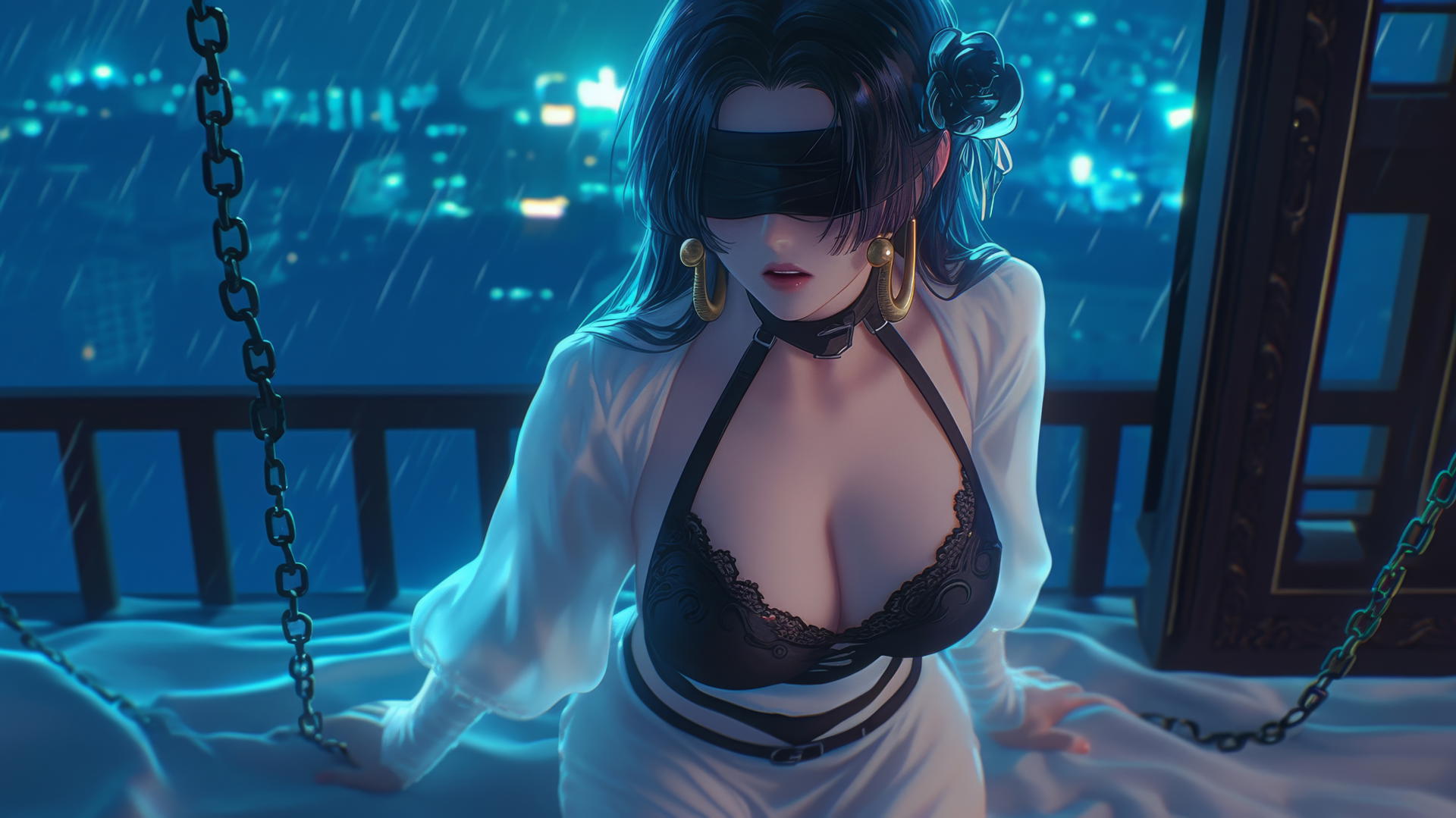Boa Hancock kneeling in a modern hotel room, blindfolded and screaming.