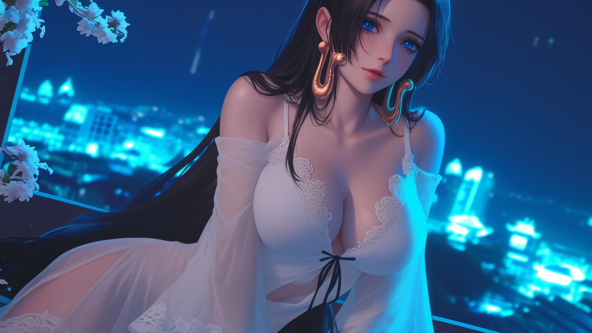 Boa Hancock from One Piece kneeling with neon-lit modern hotel room