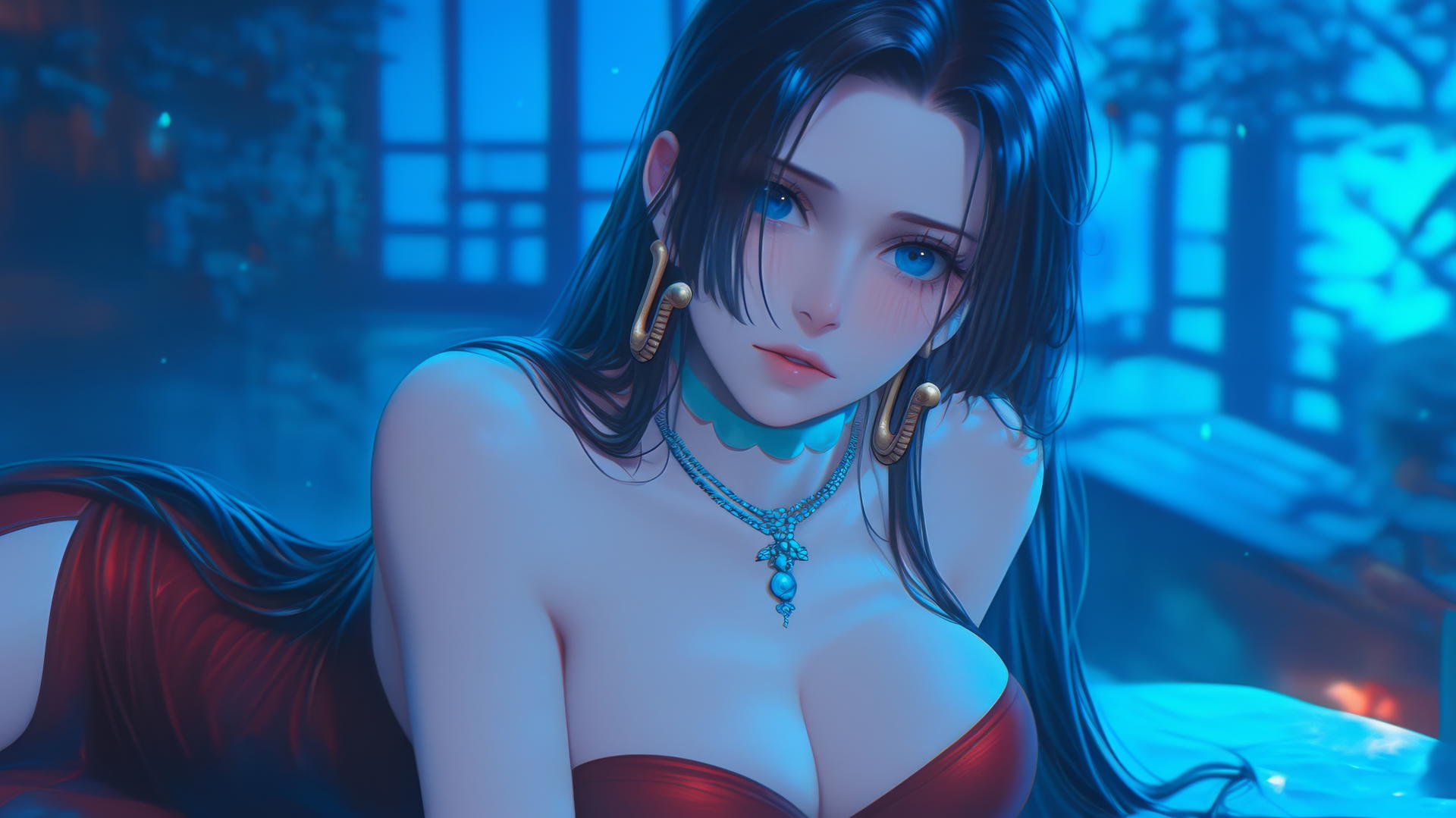 Boa Hancock from One Piece kneeling and looking down, illuminated by neon hotel room light.