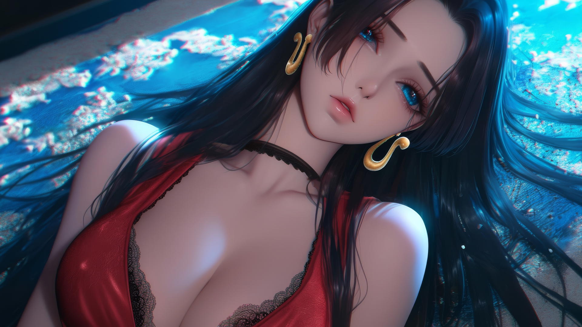 Boa Hancock kneels under neon-lit ceiling, gazing down