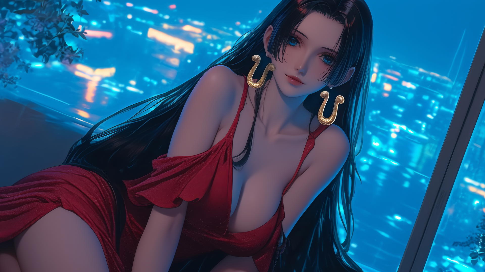 Boa Hancock from One Piece kneeling, looking straight down, neon-lit ceiling background.
