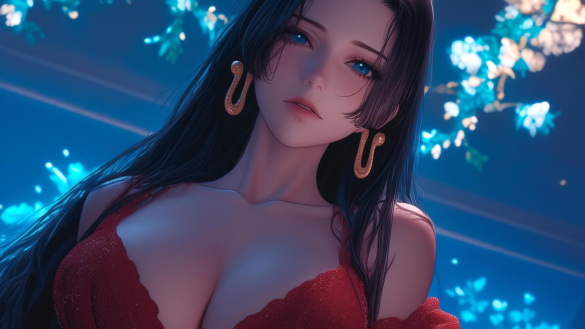 Boa Hancock from One Piece kneeling with neon-lit ceiling background, looking down.