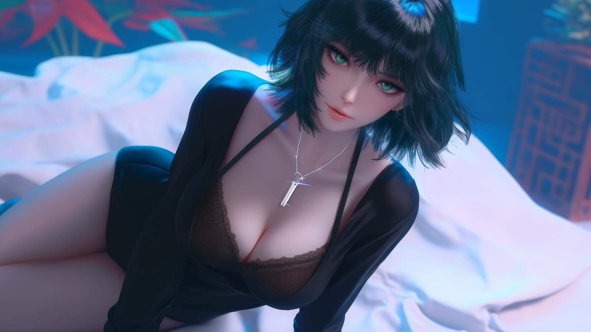 Fubuki from One Punch Man kneeling, looking up, neon-lit hotel room, dark green hair, light green eyes.