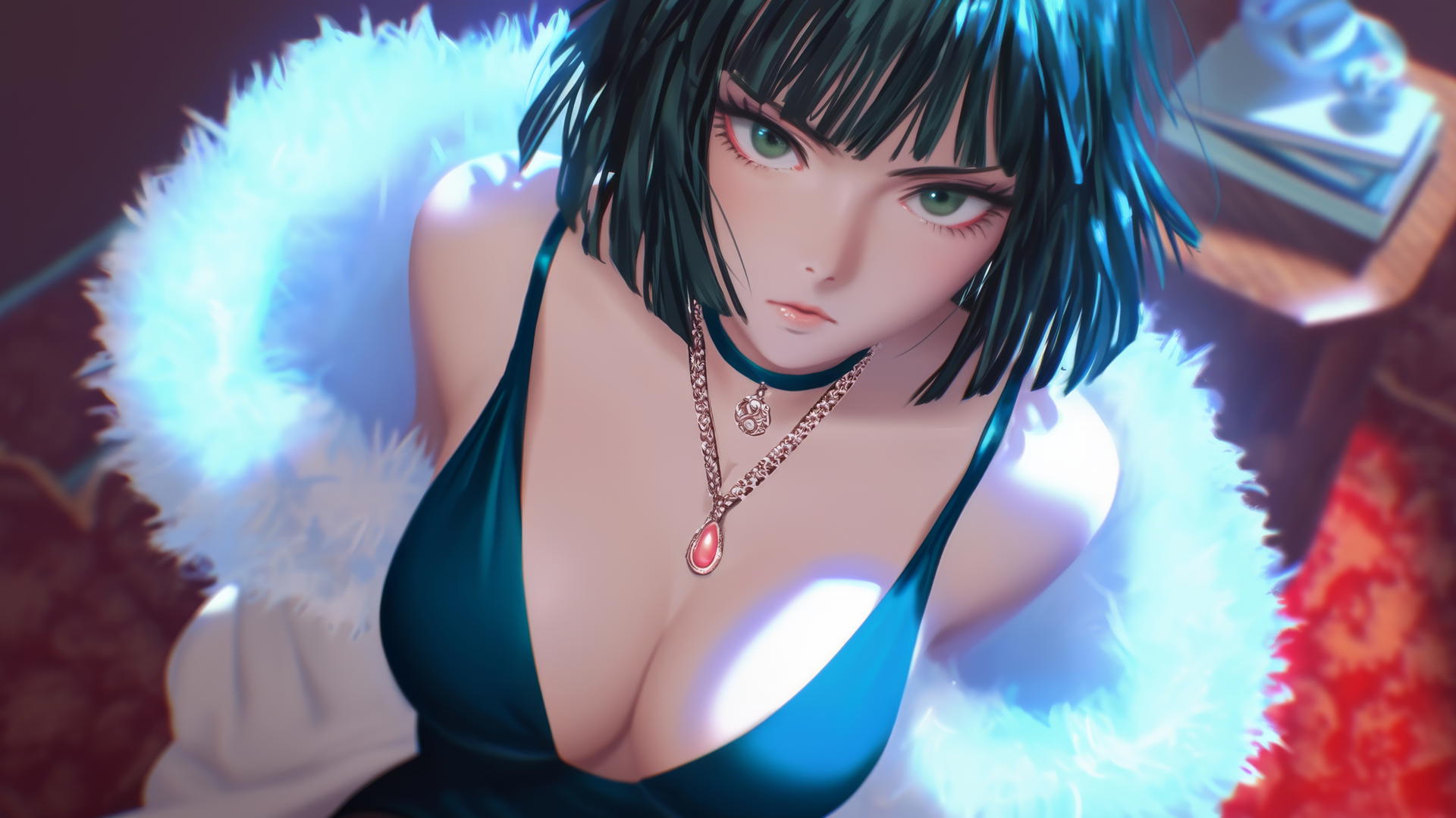 Fubuki from One Punch Man kneeling and looking up, neon-lit modern hotel room.