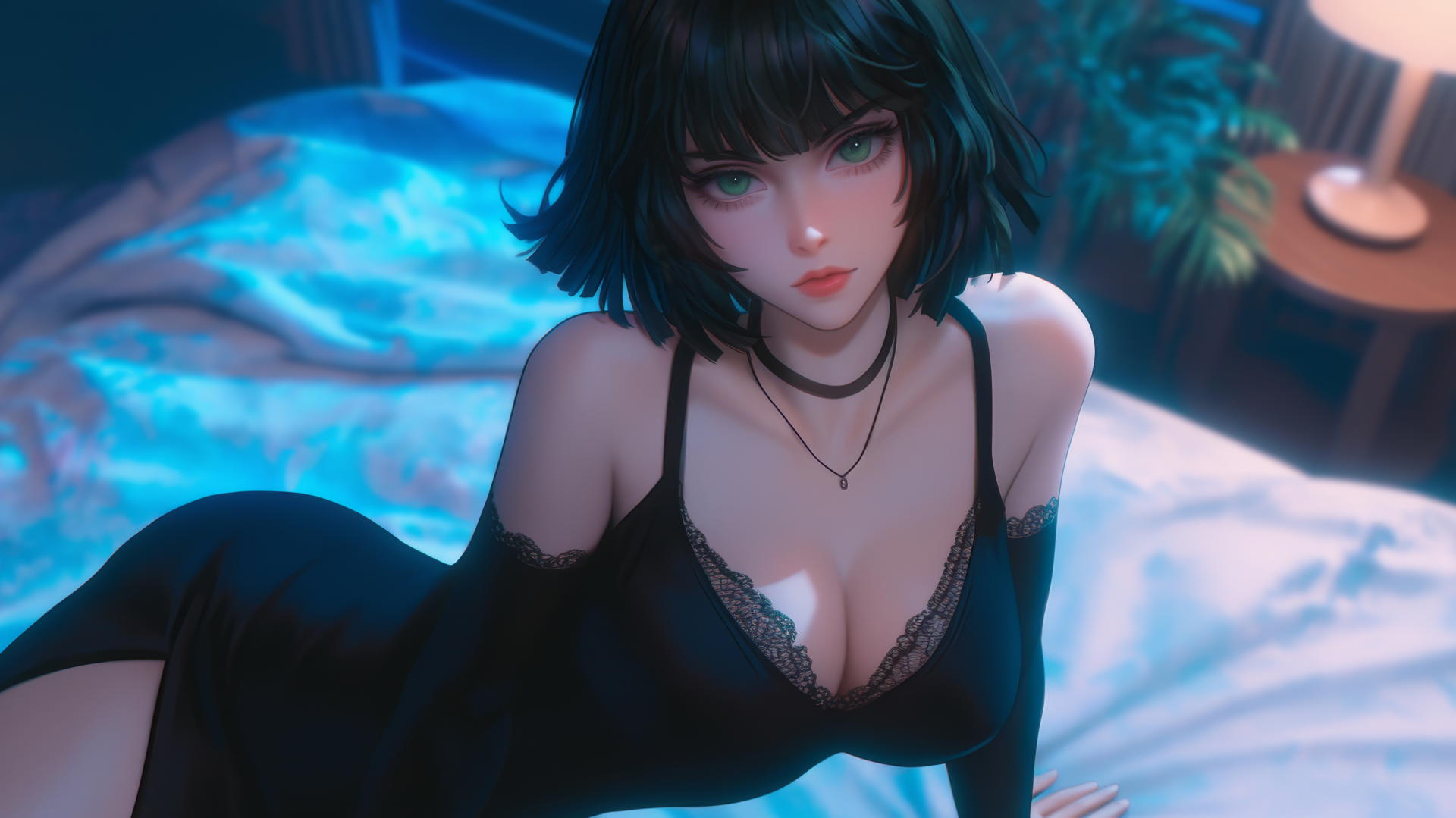 Fubuki from One Punch Man kneeling, looking up, neon-lit modern hotel room