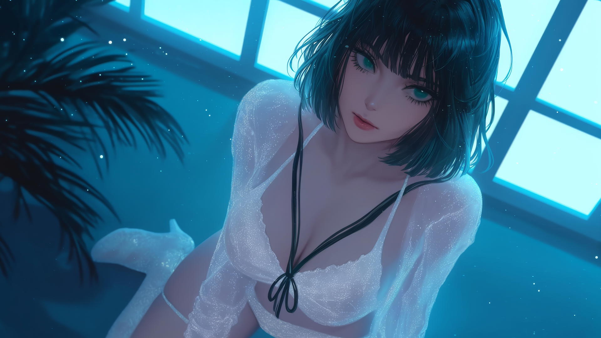Fubuki from One Punch Man kneeling and looking up, in a soft neon-lit modern hotel room.