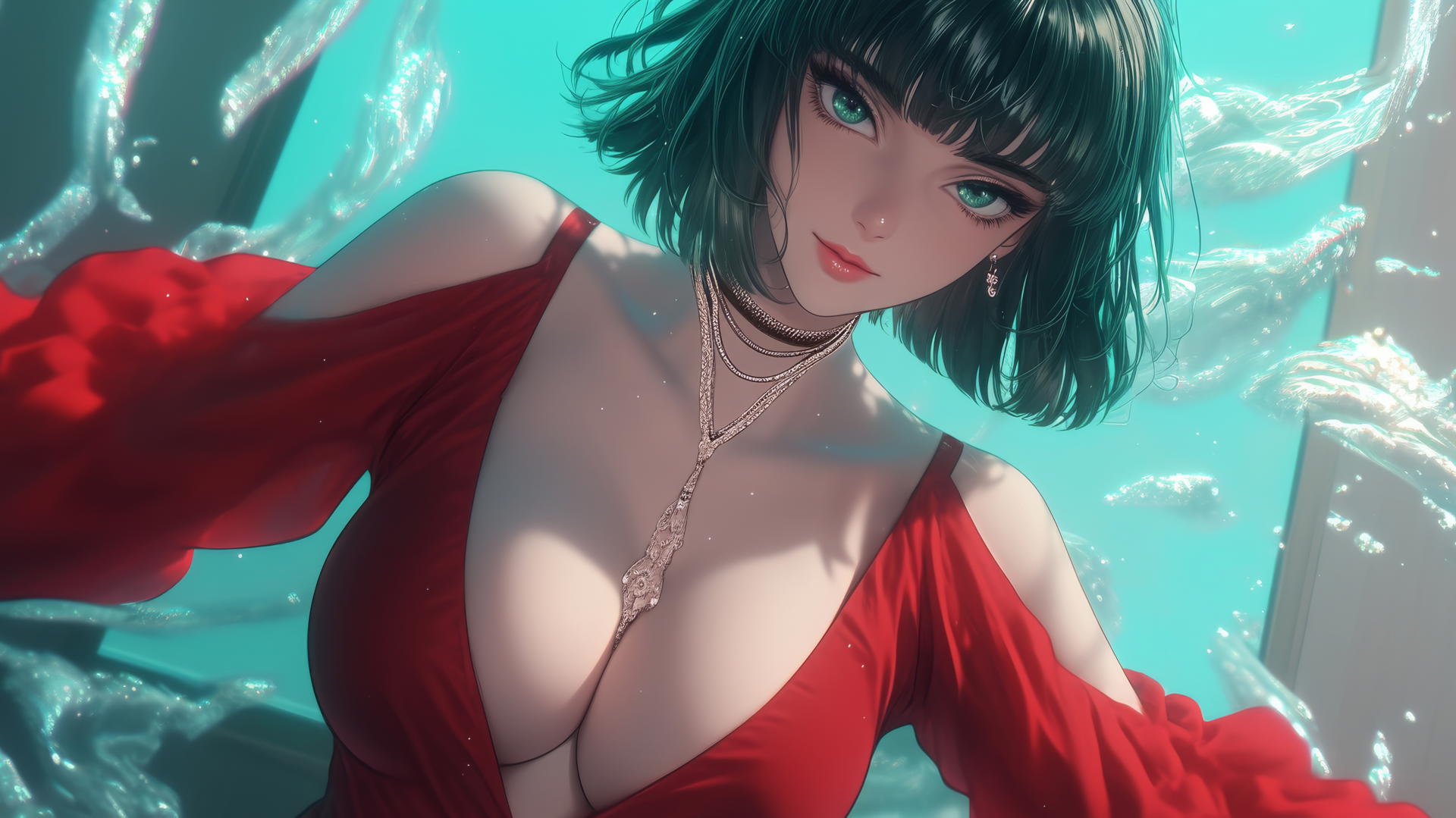 Fubuki from One Punch Man with dark green bob hair, wearing red, neon-lit hotel ceiling background.