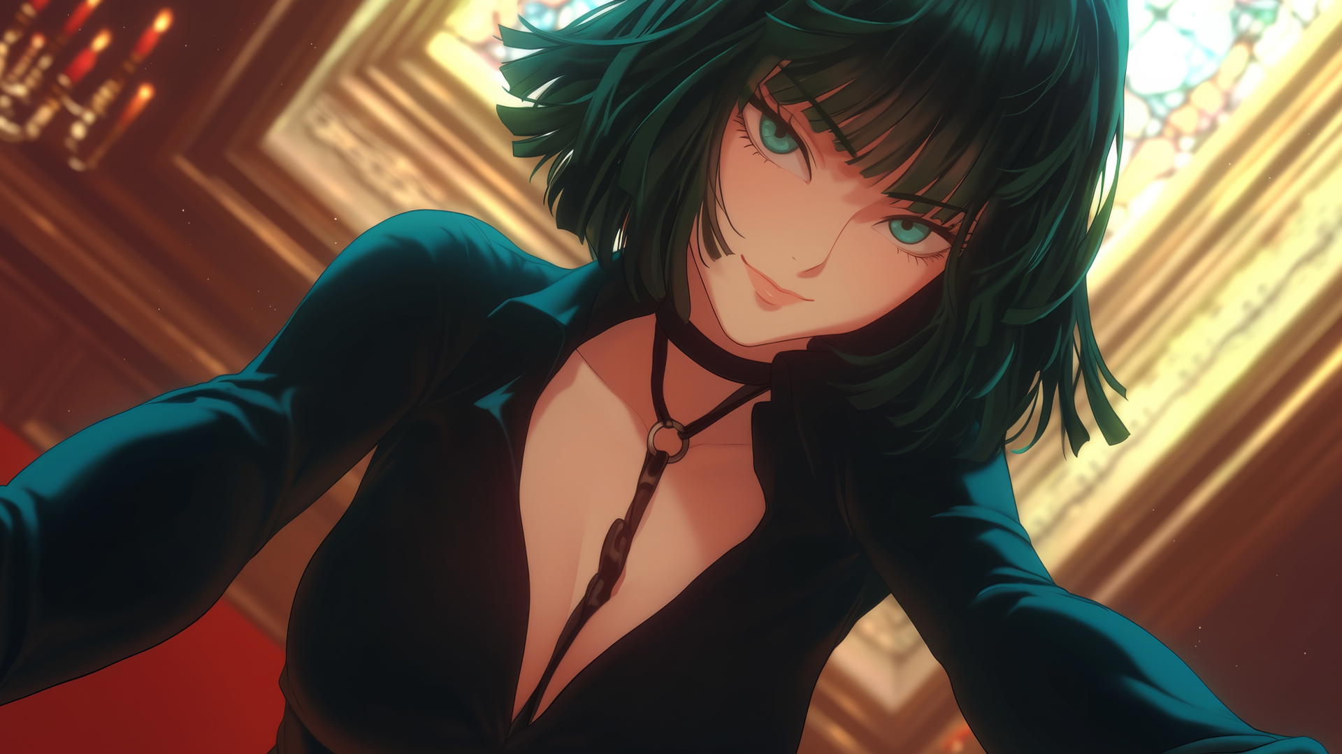 Fubuki from One Punch Man wearing red, kneeling, smiling, under hotel ceiling with neon lights.