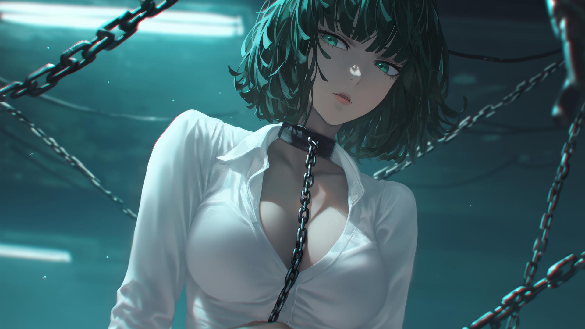 Fubuki from One Punch Man kneeling, chained with neon-lit hotel ceiling background.