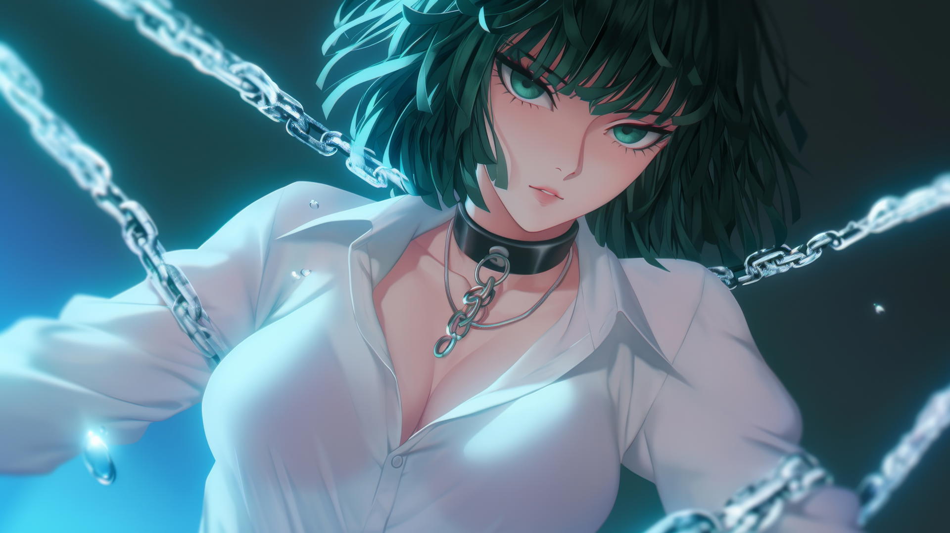 Fubuki from One Punch Man in white office shirt, kneeling, chained, with neon-lit hotel ceiling