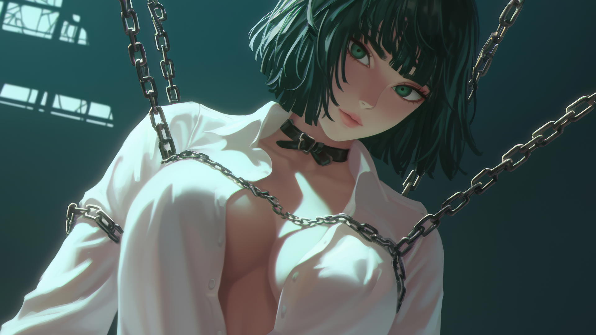 Fubuki from One Punch Man kneeling, wearing a white office shirt, with neon-lit hotel ceiling in the background.
