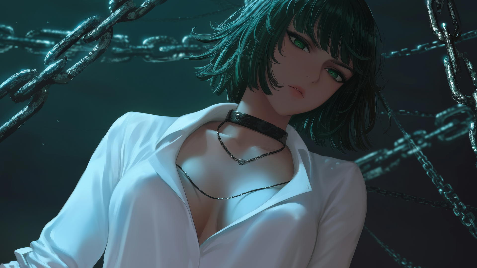 Fubuki from One Punch Man kneeling, with neon lights and hotel ceiling behind her, and locked with chains.