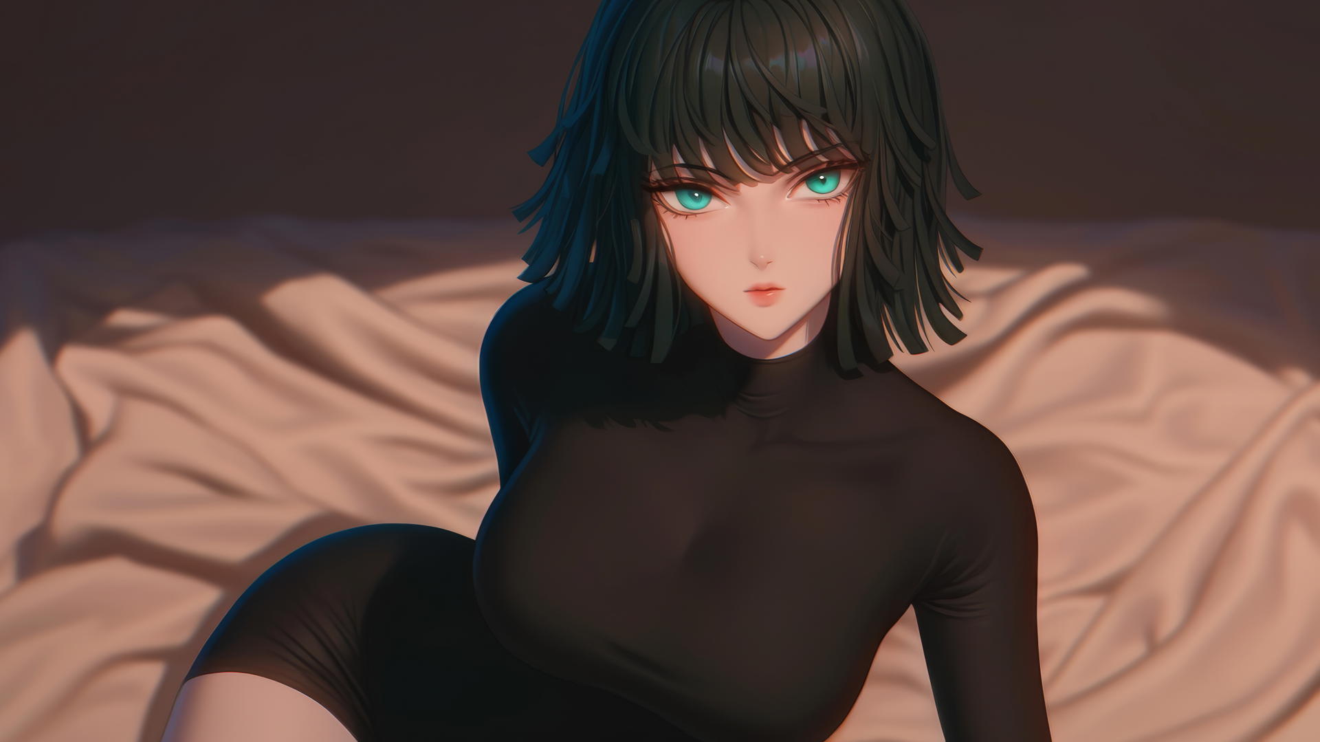 Fubuki from One Punch Man kneeling, looking up, neon-lit modern hotel room.