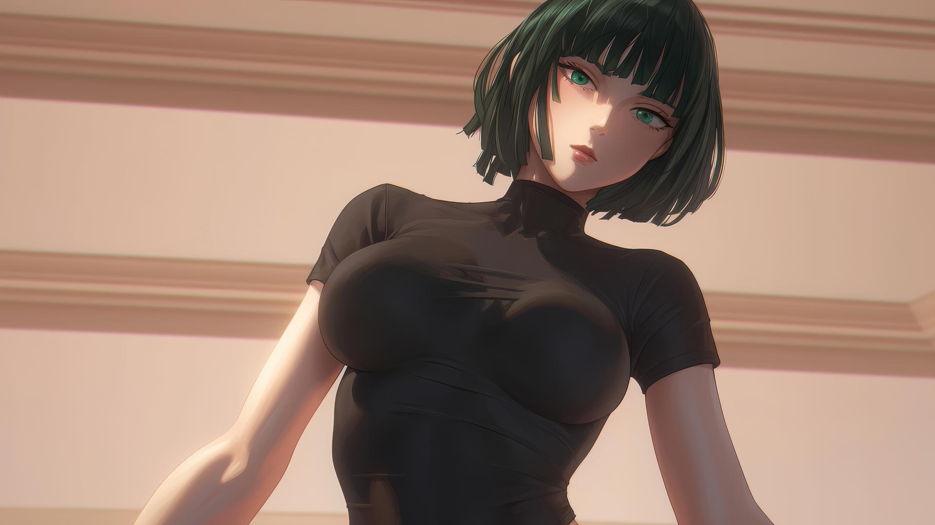 Fubuki from One Punch Man looking down, neon light casting soft glow, hotel ceiling background.