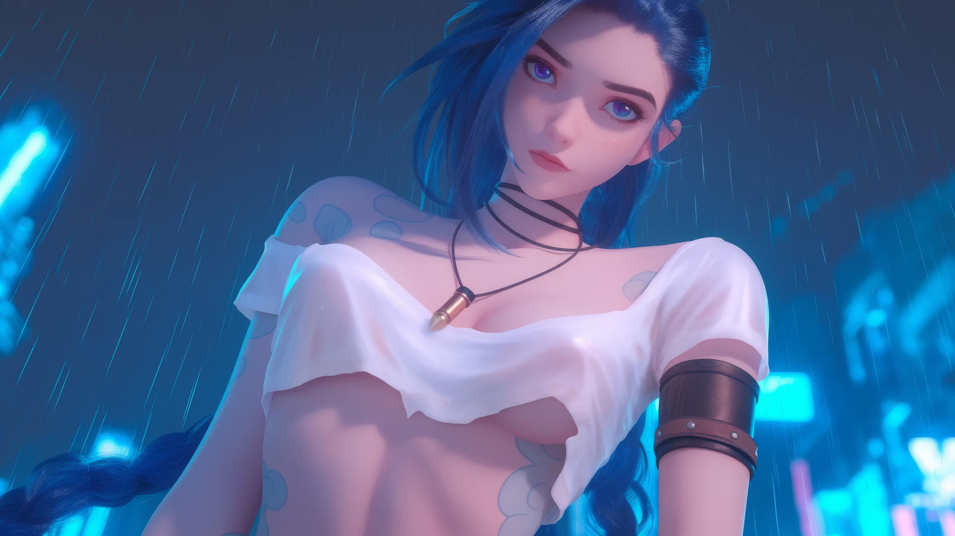 Jinx from League of Legends kneeling, wearing a broken white t-shirt, under a neon-lit hotel ceiling.