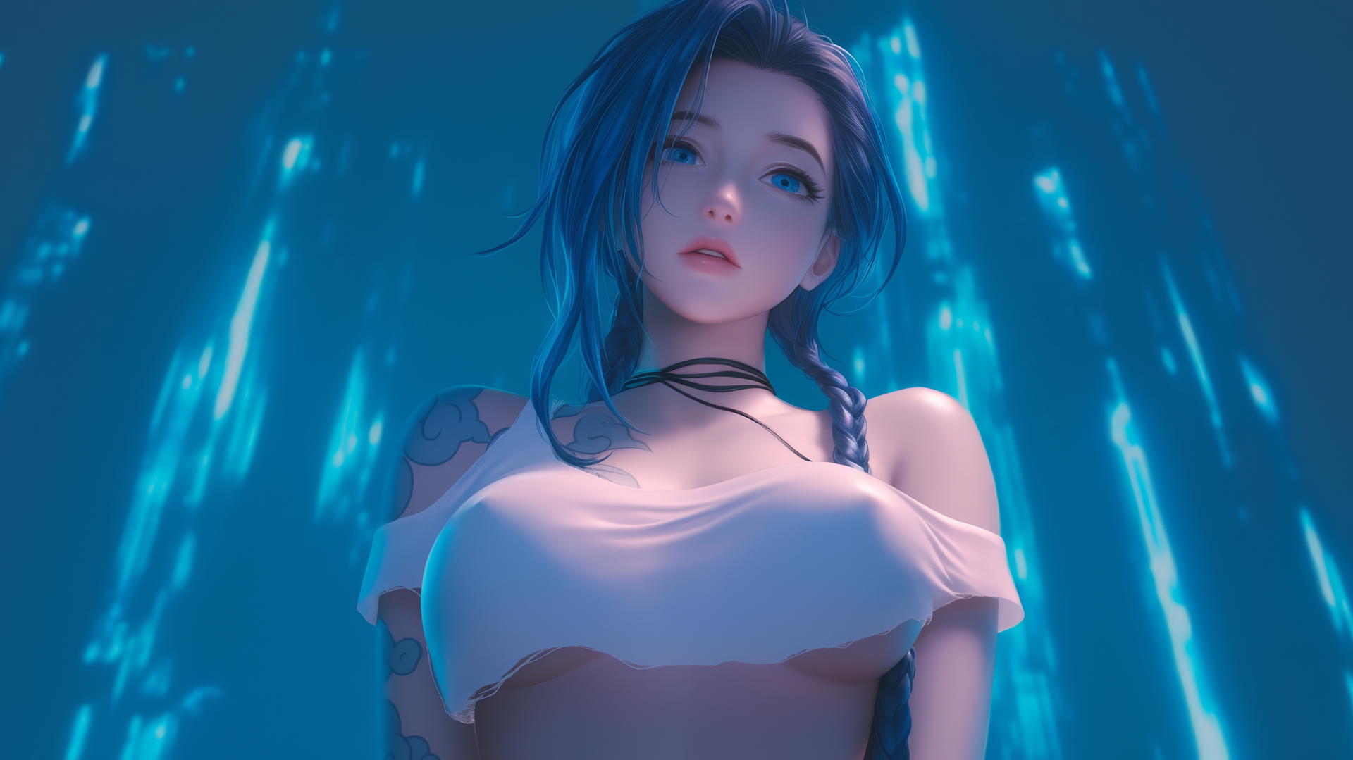 Jinx from League of Legends, seen from below, kneeling in a broken white t-shirt with an apartment ceiling in the background.