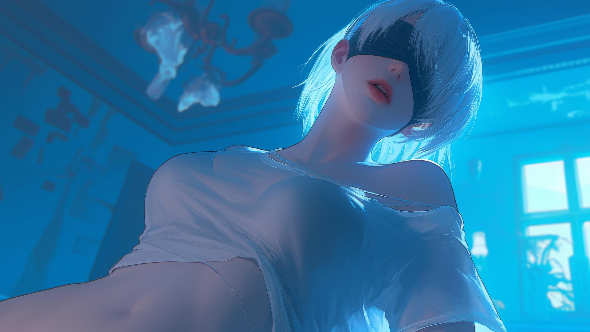 2B from Nier, wearing broken white t-shirt and blindfold, kneeling and looking down, with neon-lit hotel ceiling in the background.