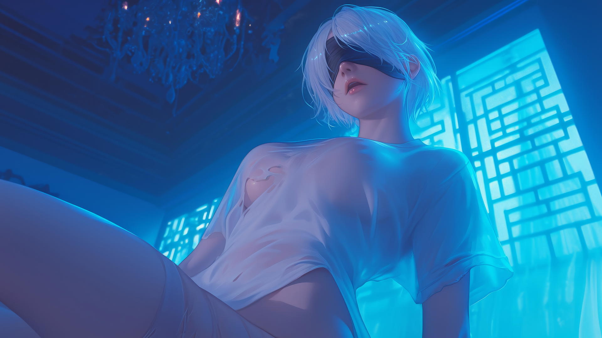 2B from Nier howling kneeling on a hotel ceiling with neon glow
