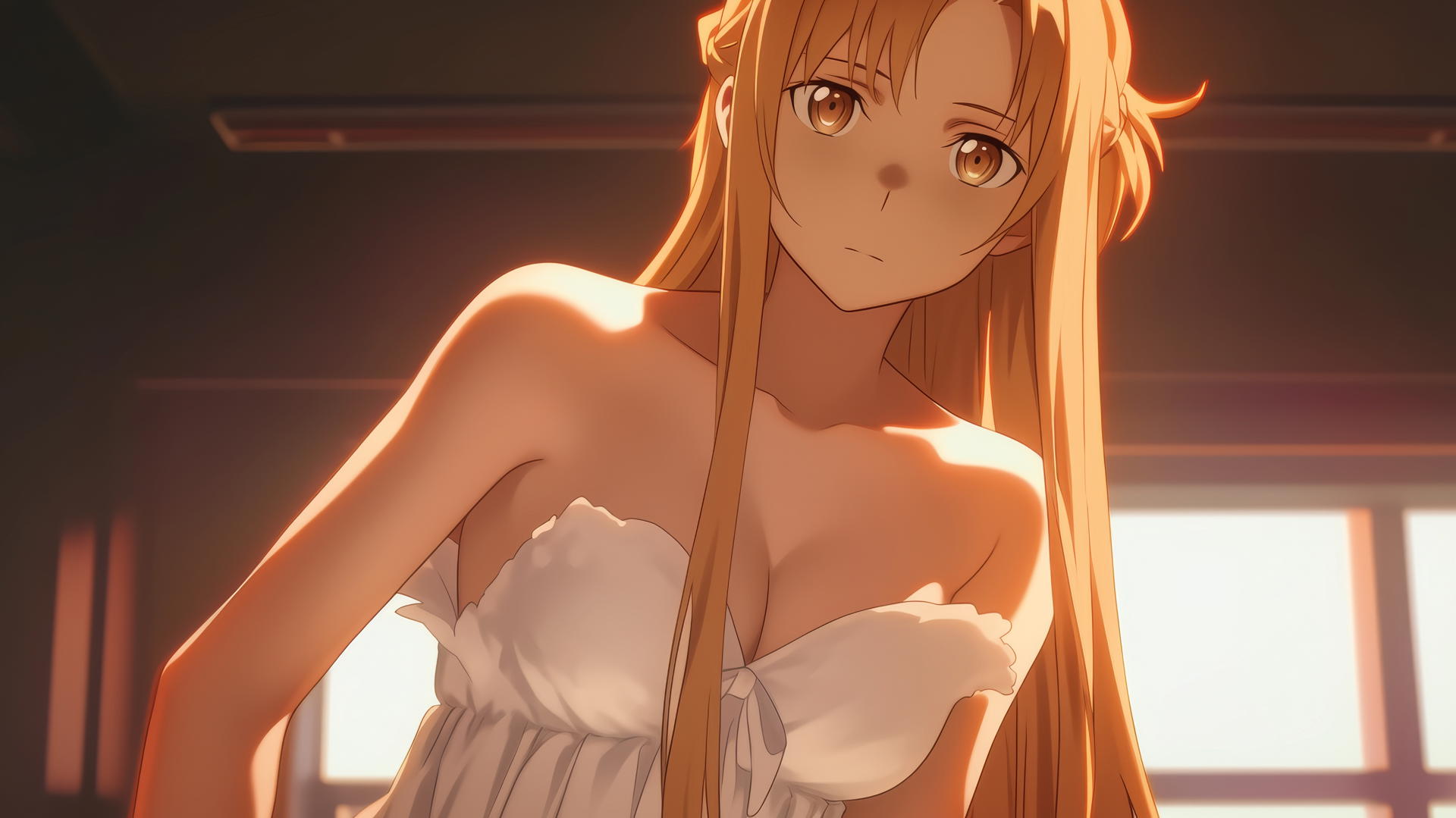 Asuna from Sword Art Online kneeling, looking down, with a hotel ceiling background and soft neon light.