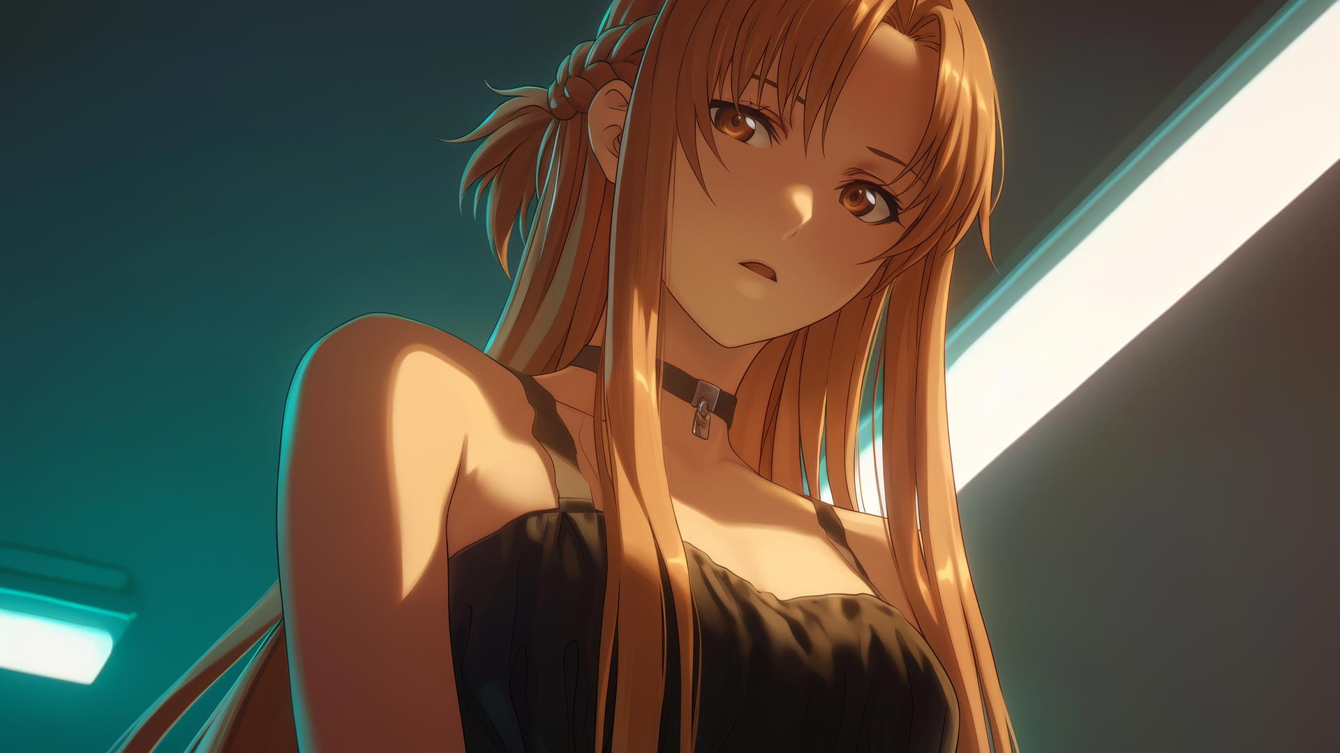 Asuna from Sword Art Online kneeling, looking down with neon-lit hotel ceiling in background.