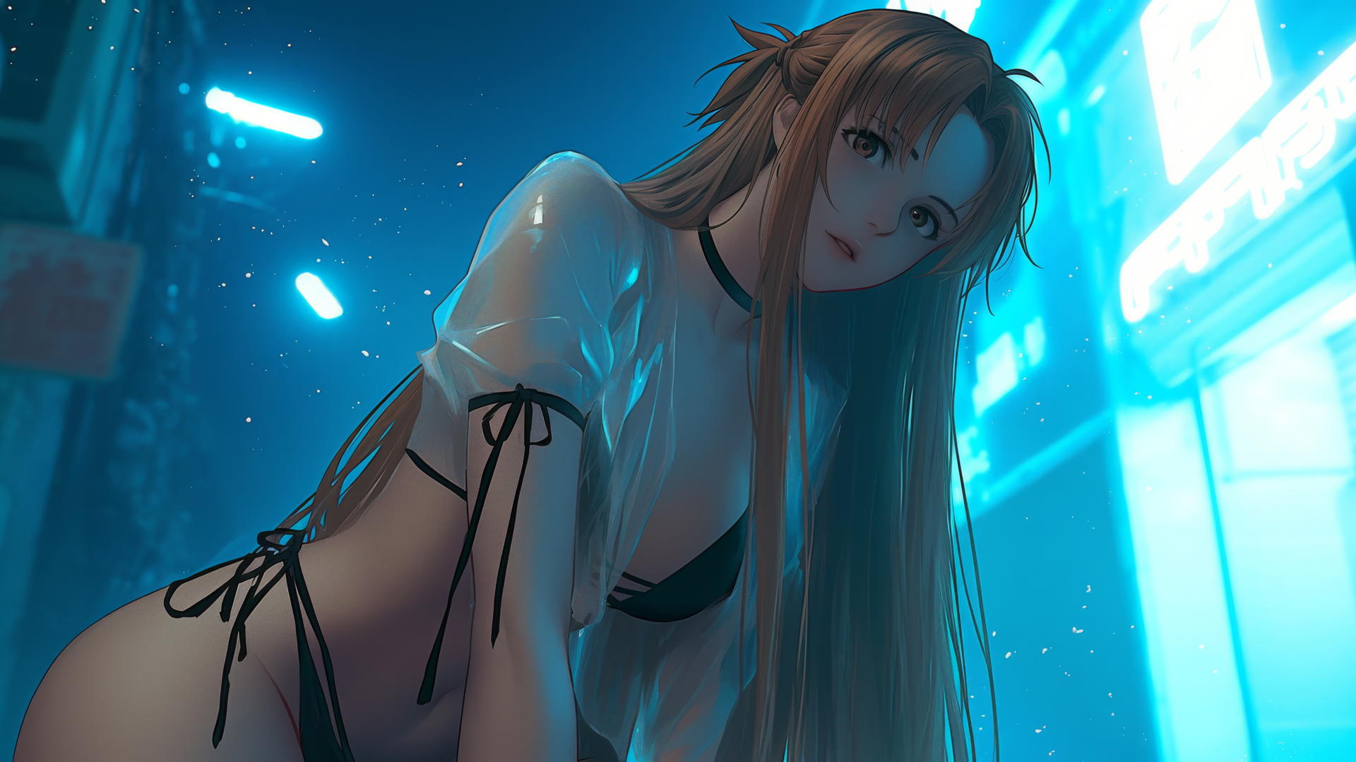 Asuna from Sword Art Online leaning and kneeling with hotel ceiling background, neon glow