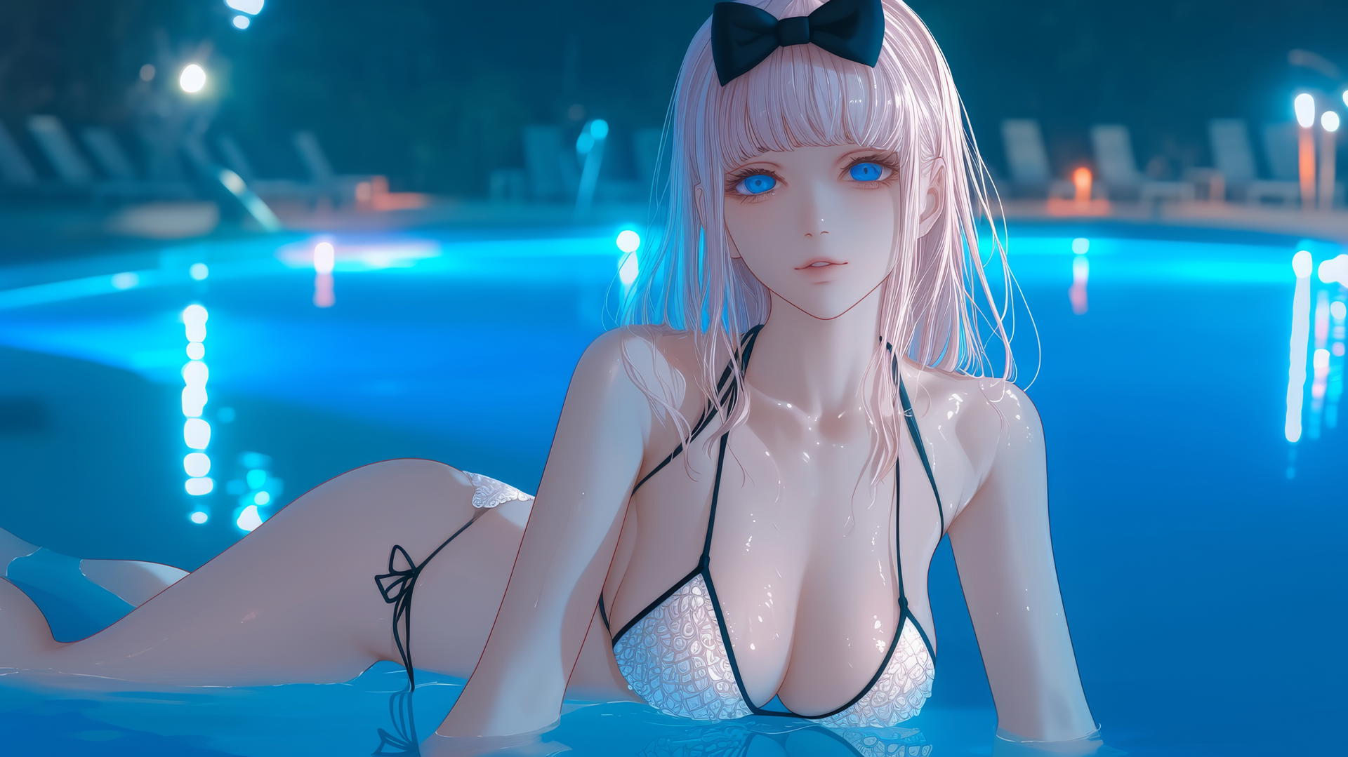 Chika Fujiwara with pink hair and black bow, resting at a swimming pool