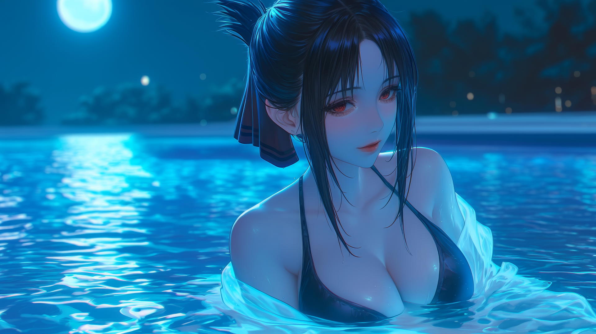 Kaguya Shinomiya from Kaguya-sama, red eyes, resting by the pool under moonlight.