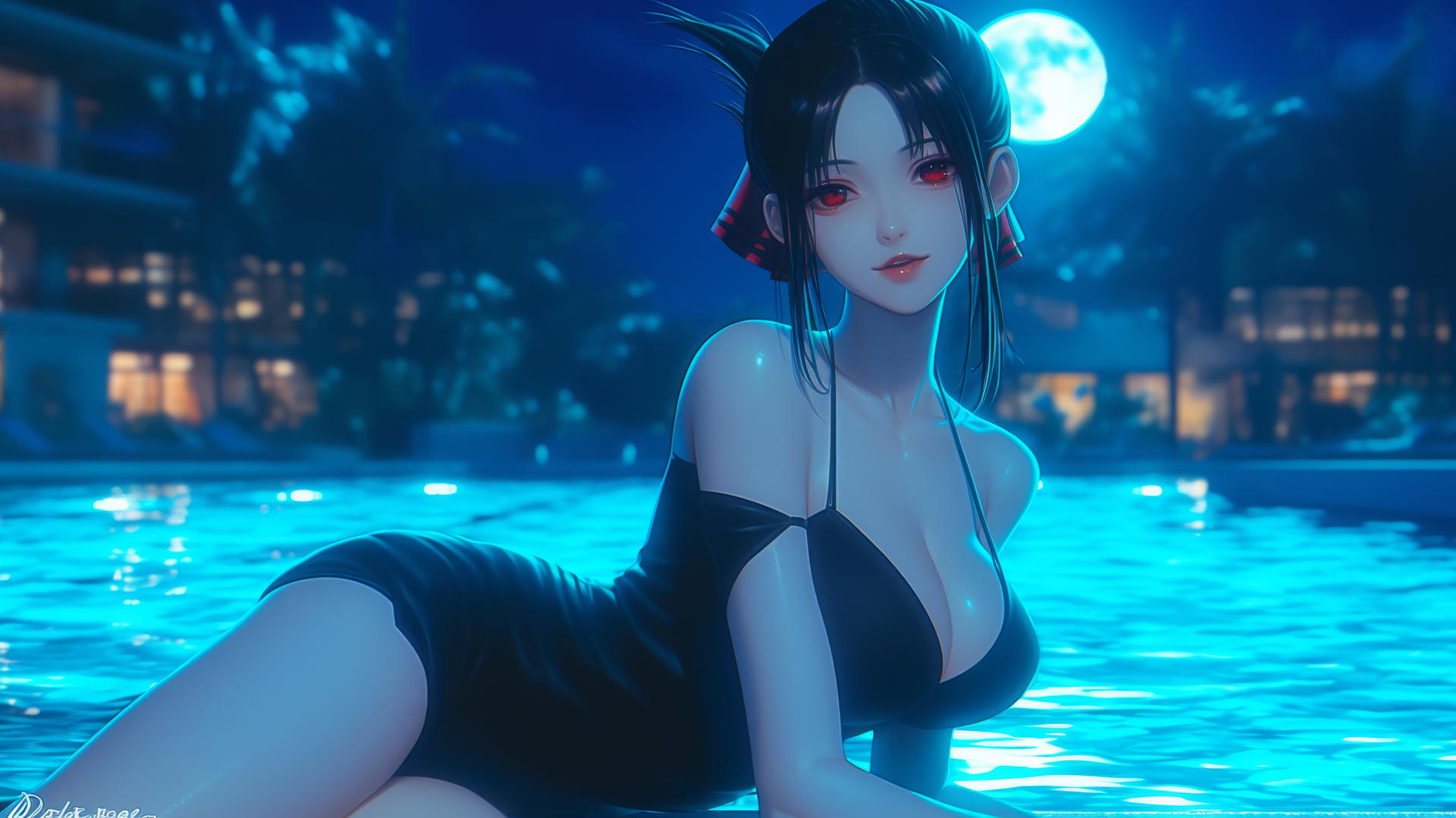 Kaguya Shinomiya with red eyes resting at a pool in moonlight.