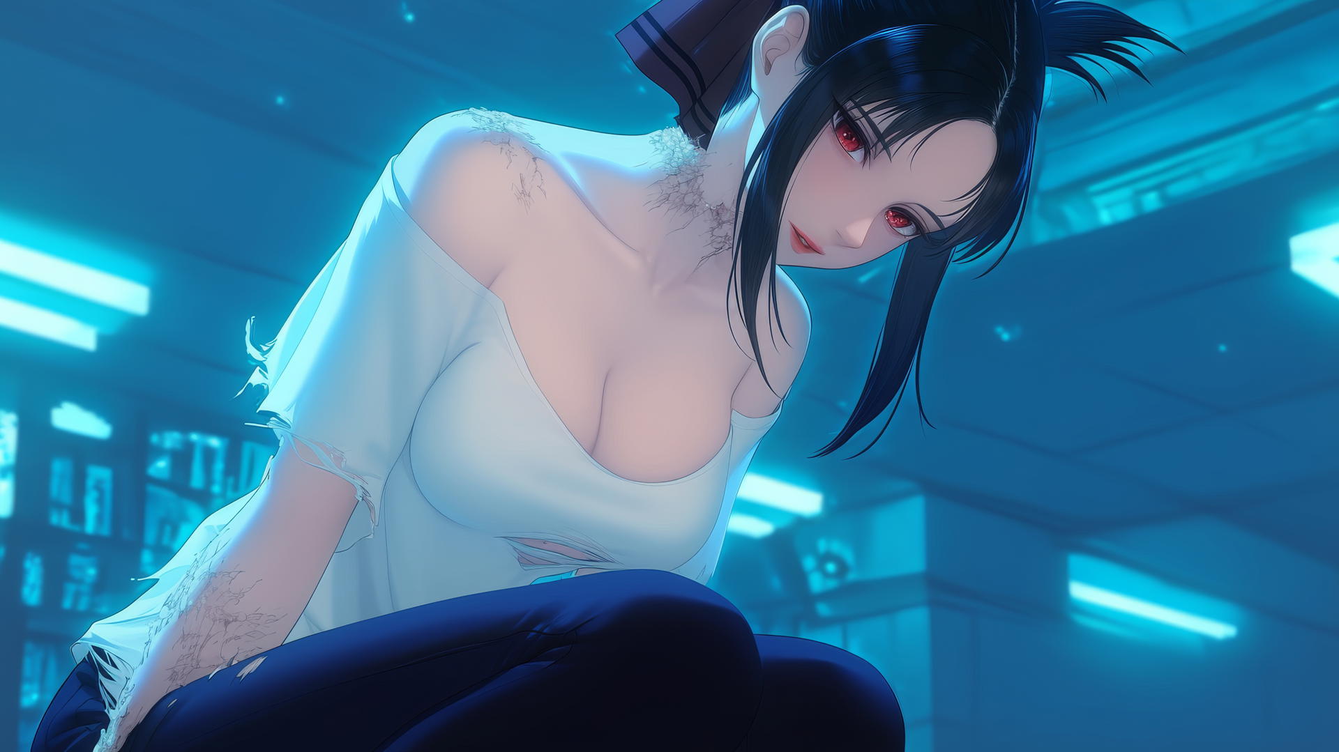 Kaguya Shinomiya kneeling with red eyes and broken white t-shirt, neon lights glowing