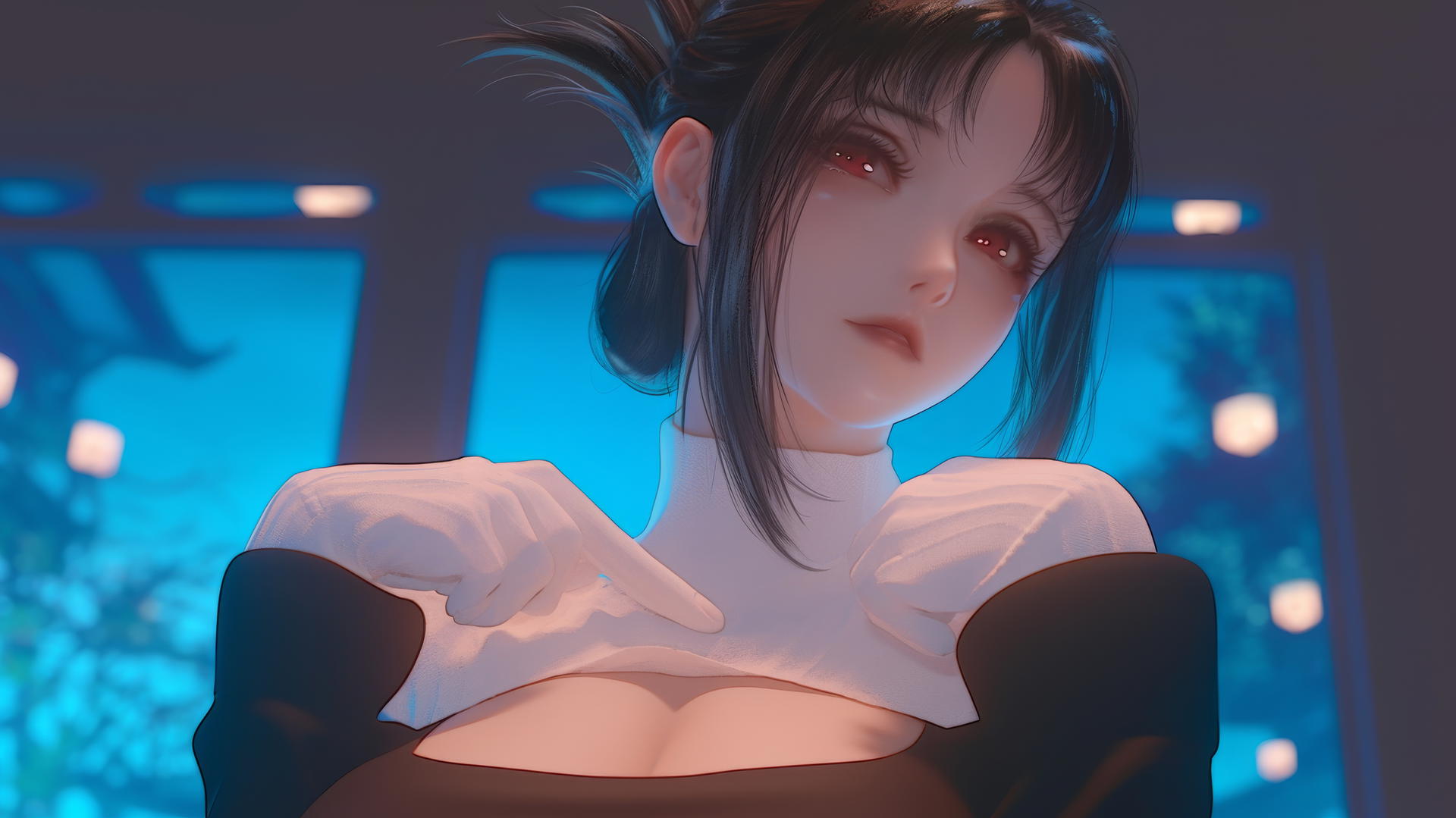 Kaguya Shinomiya kneeling, looking down, red eyes, broken sweater, neon light.