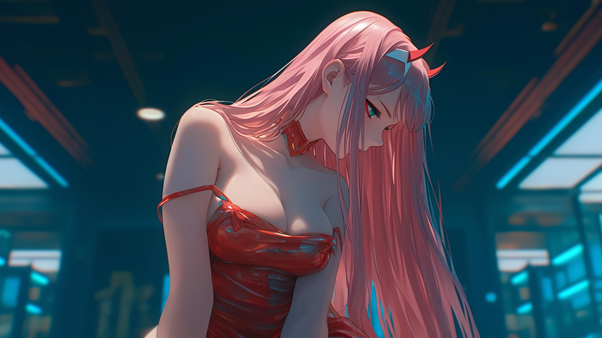 Zero Two from DARLING in the FRANXX kneeling with long pink hair, warm and neon light casting a soft glow.