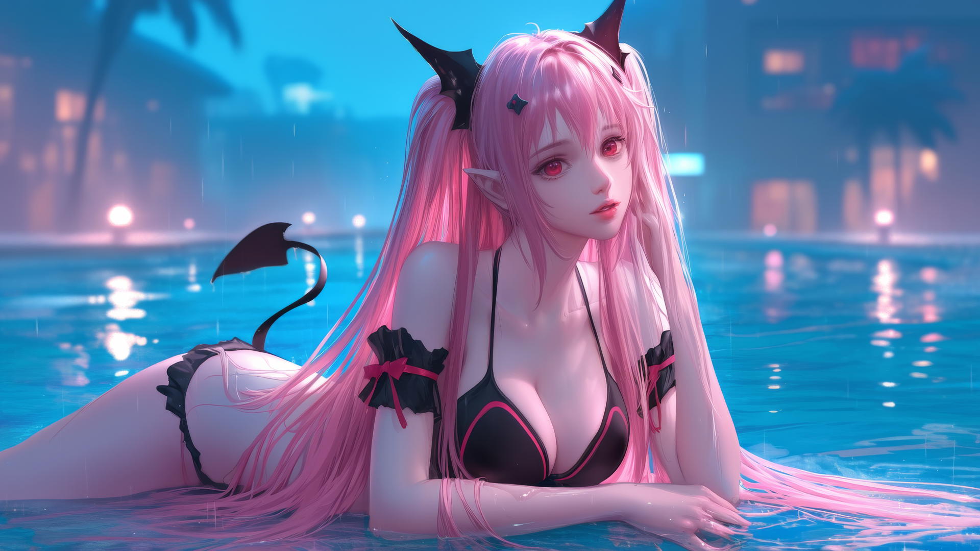 Krul Tepes with red eyes, rosy pink hair, fangs and pointed ears by rainy swimming pool in moonlight