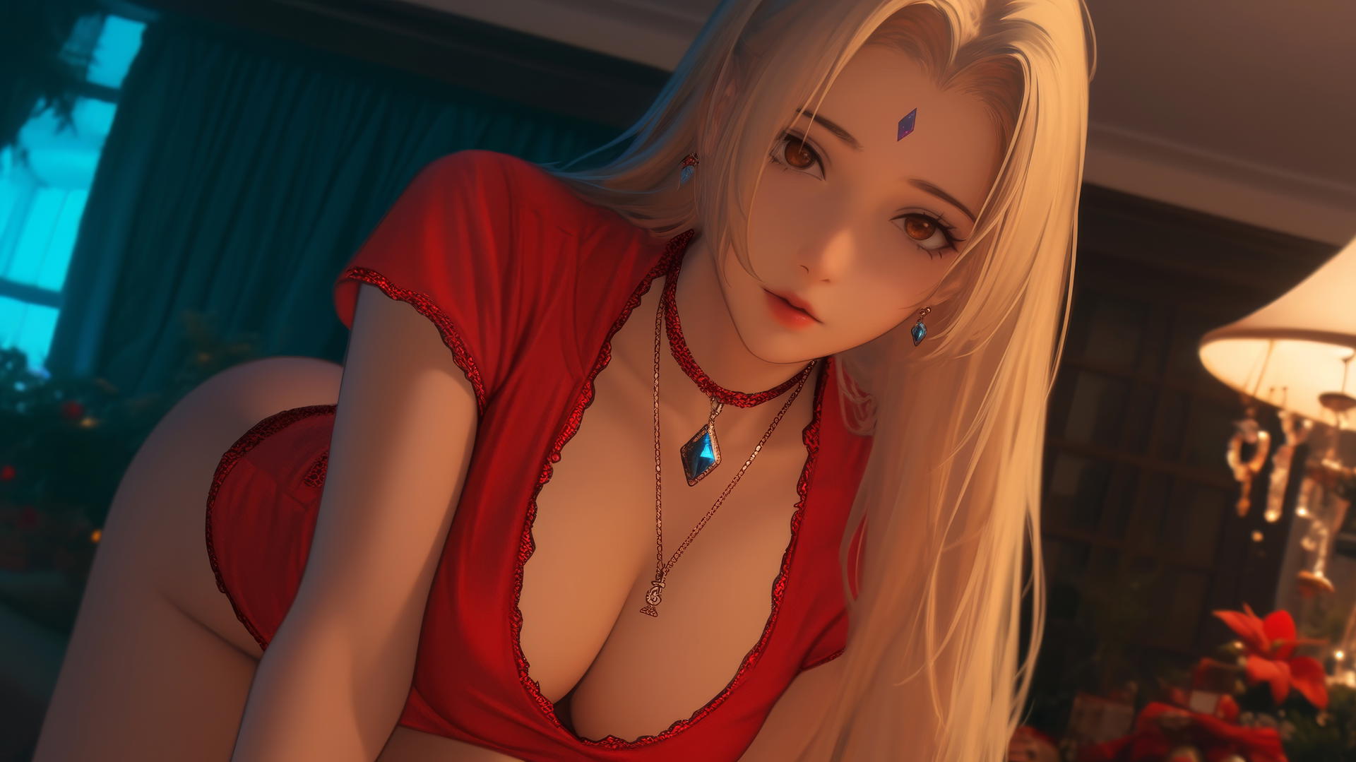 Tsunade in festive red, kneeling with hotel ceiling and neon lights