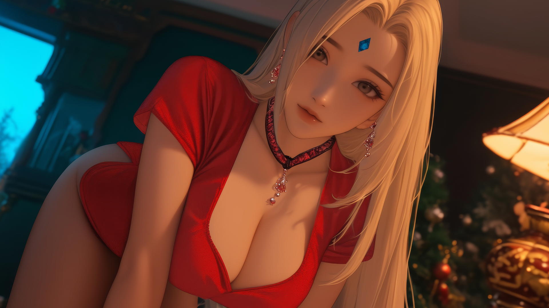 Tsunade from Naruto kneeling in Christmas attire under warm and neon lights.