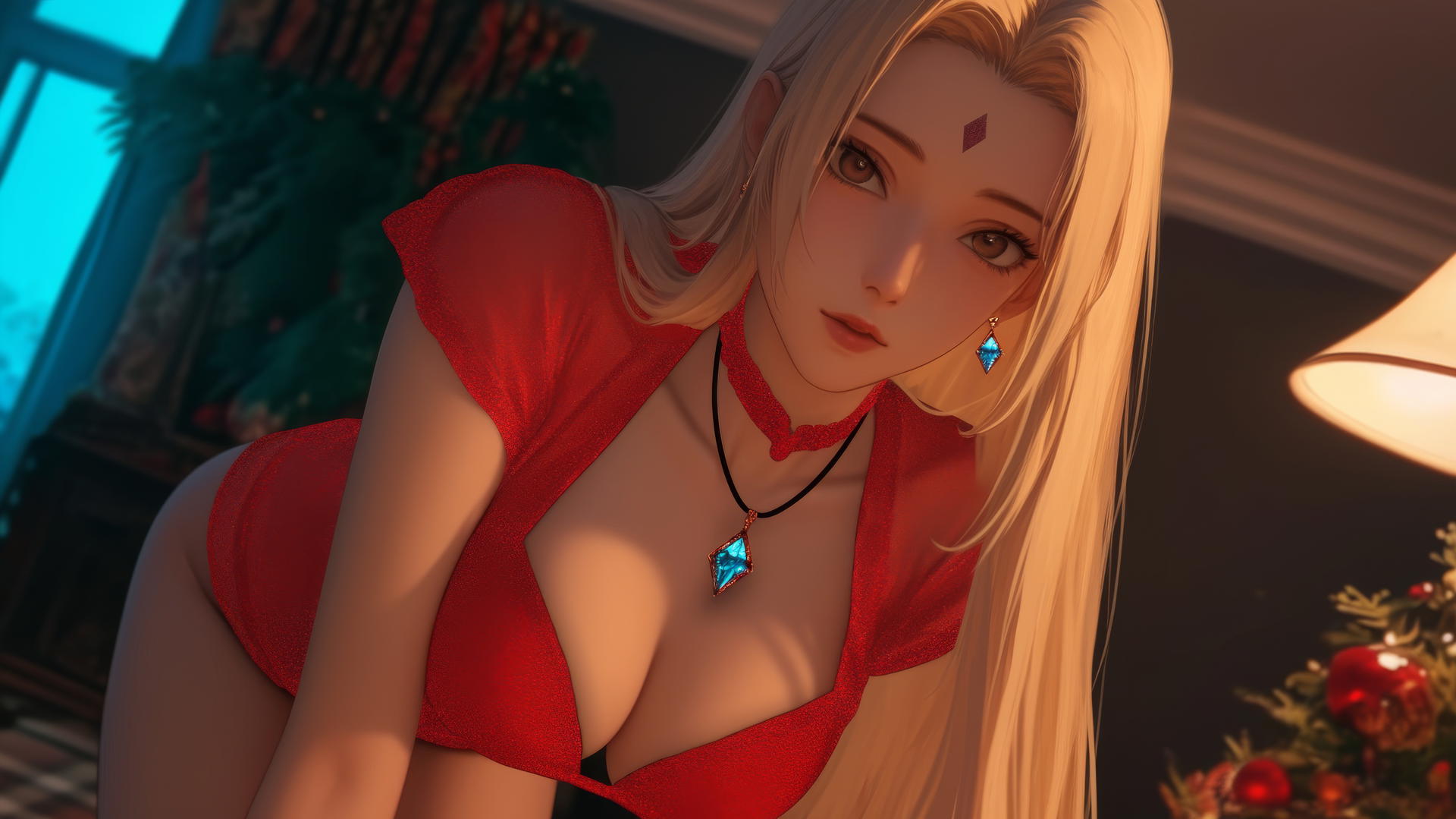 Tsunade from Naruto in Christmas outfit kneeling under warm neon light in a hotel.