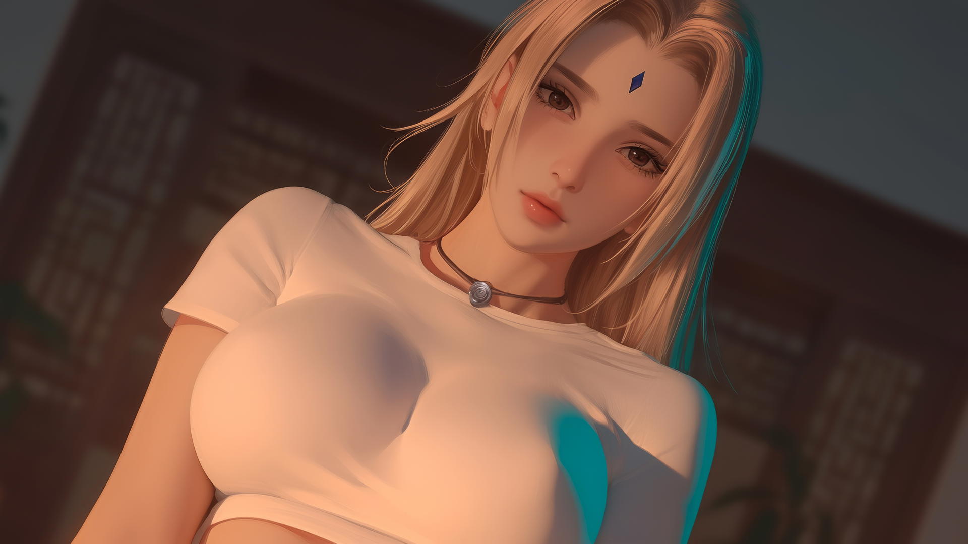 Tsunade from Naruto with blonde hair and brown eyes kneeling and leaning down, warm light glowing.