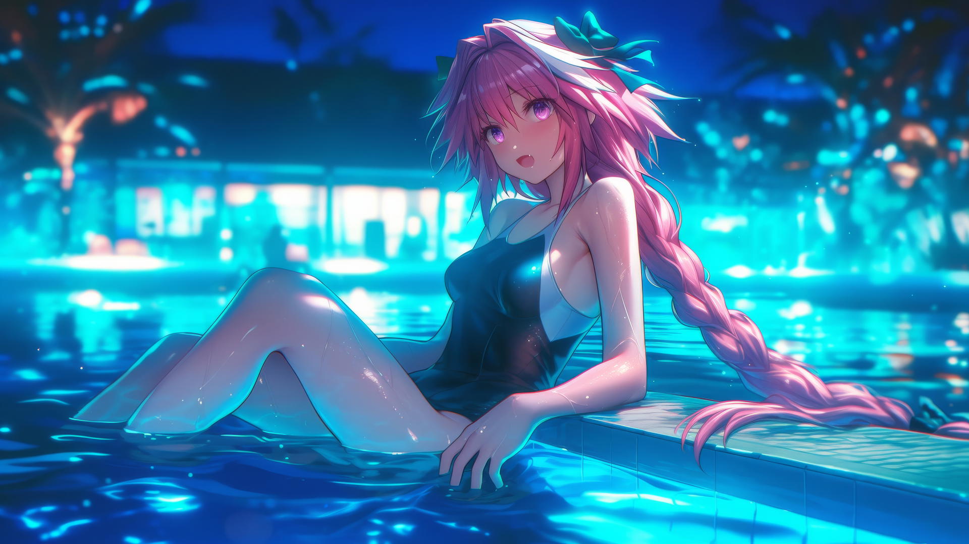 Astolfo from Type Moon resting by a swimming pool under moonlight